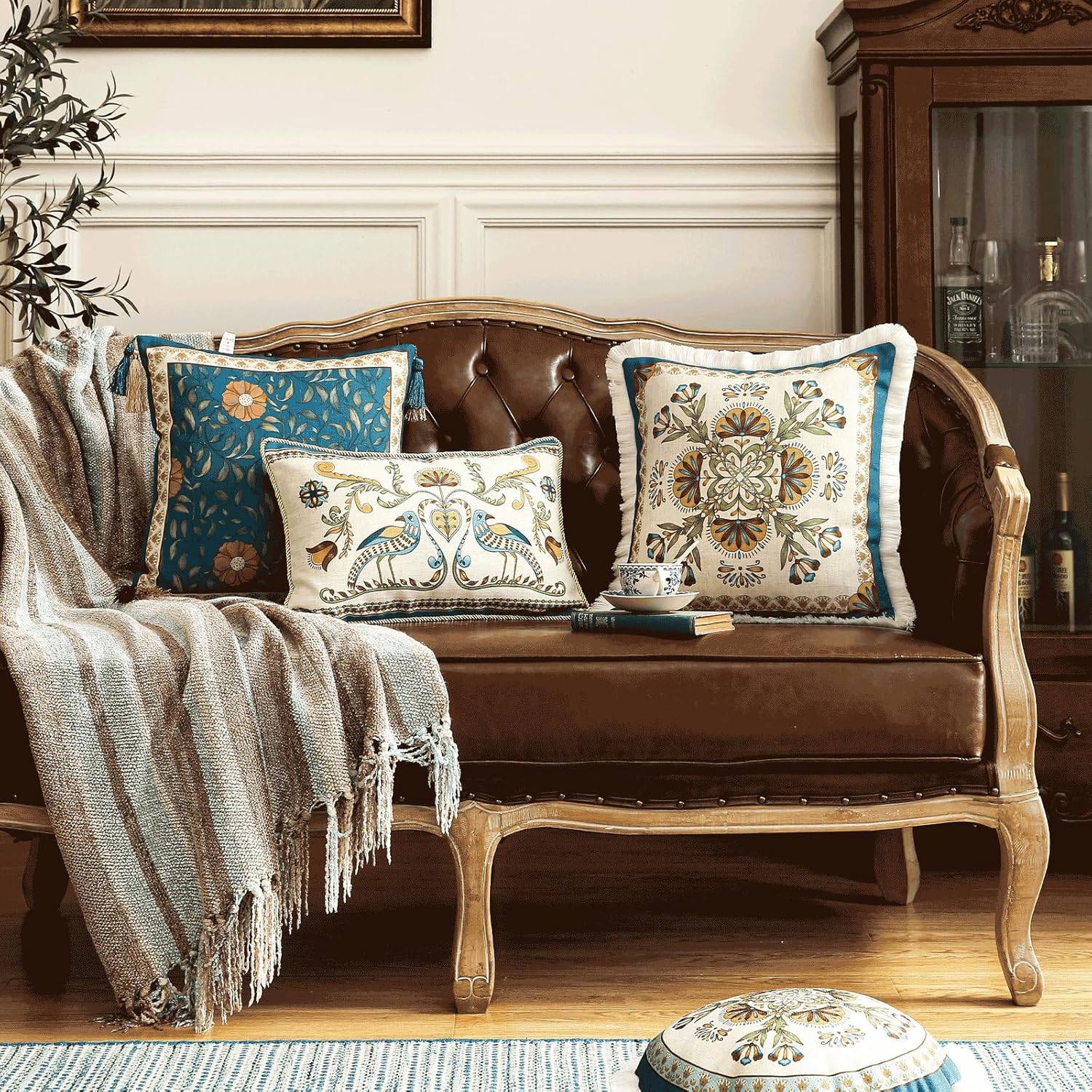 patdrea Designer Rectangle Throw Pillow Covers,Farmhouse Blue Linen with Birds Floral Pattern Pillow Cover,Decorative Lumbar Pillowcases Cushion for Bed Living Room Outdoor Car,12"x20"