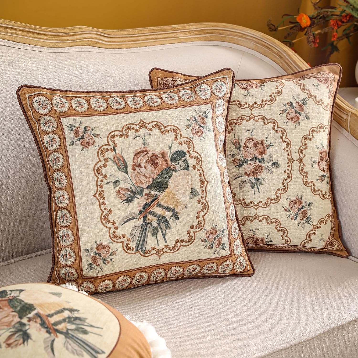 patdrea Designer Vintage Floral Throw Pillow Covers for Couch Set of 2,Brown Linen Pillowcases with Bird and Rose Pattern Decorative Square Cushion for Bed Living Room Outdoor Cafe Car,18"x18"