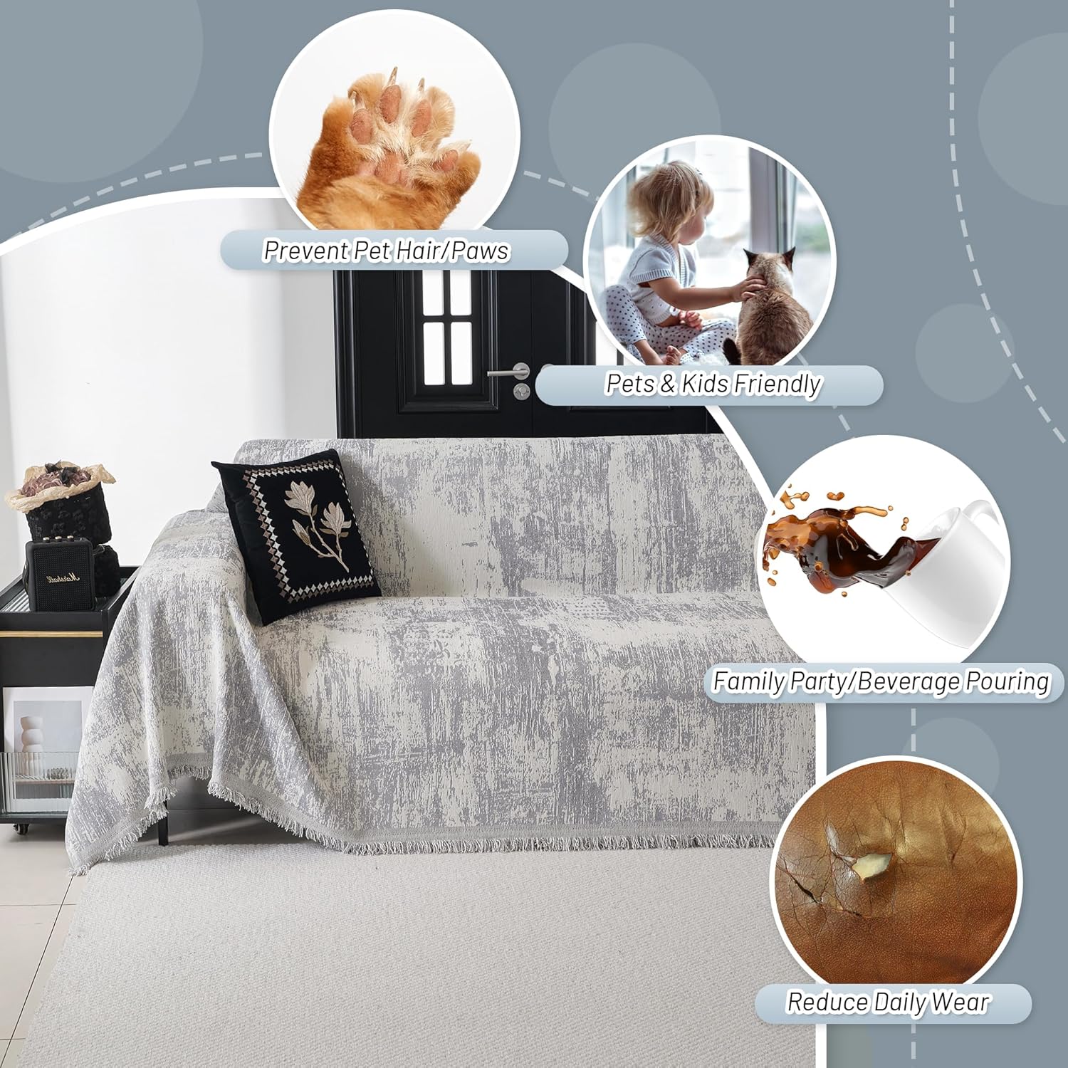 MYSKY HOME Boho Couch Cover for Dogs Washable Grey Abstract Couch Sofa Protector for Loveseat Sofa with Pets Friendly Chenille Geometric Sofa Covers Soft Durable Farmhouse Sofa Slipcovers, 71" X102"