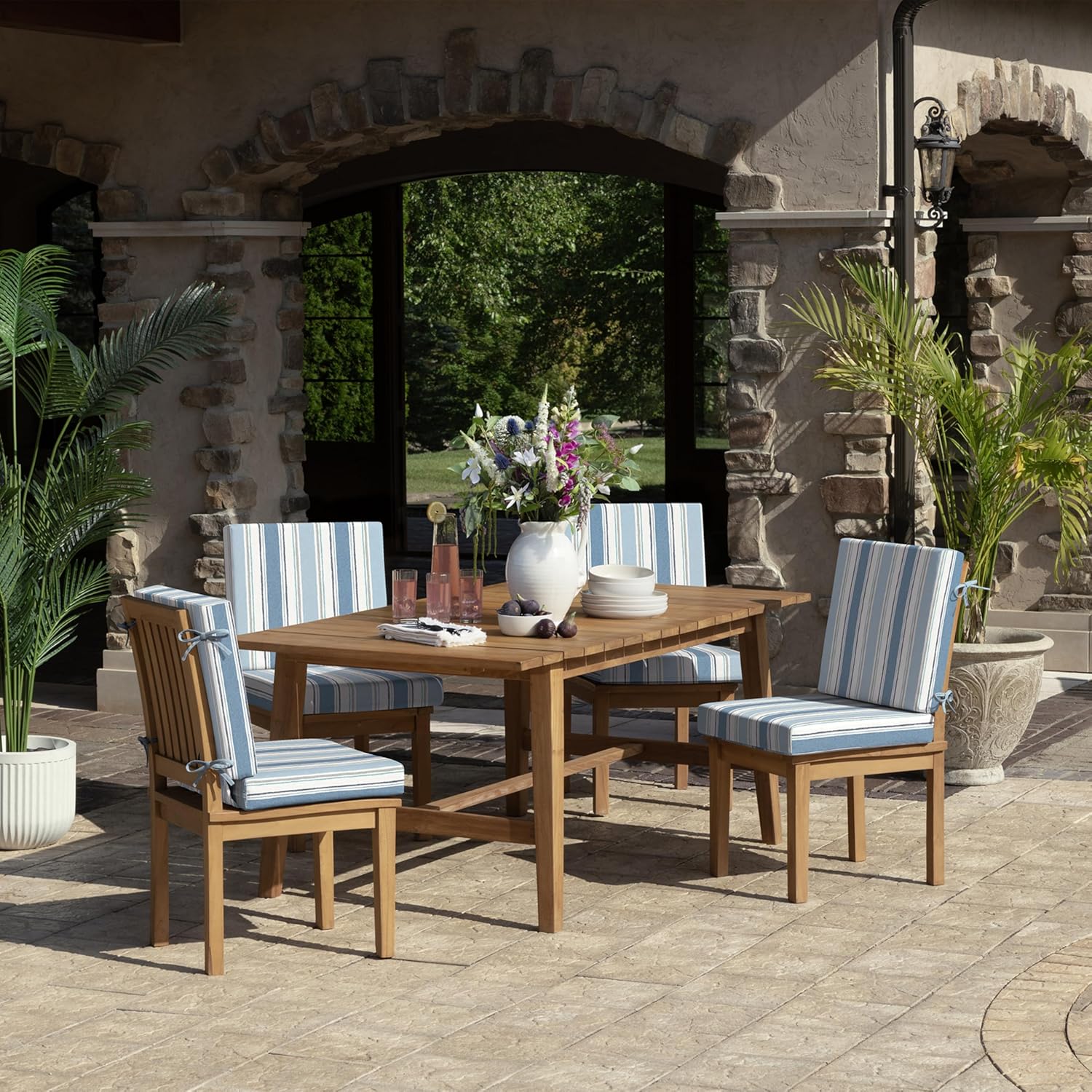 Arden Foam Outdoor Dining Chair Cushion, 20 x 20, Made with ProFoam, Rain-Proof, Fade Resistant, French Blue Linen Stripe