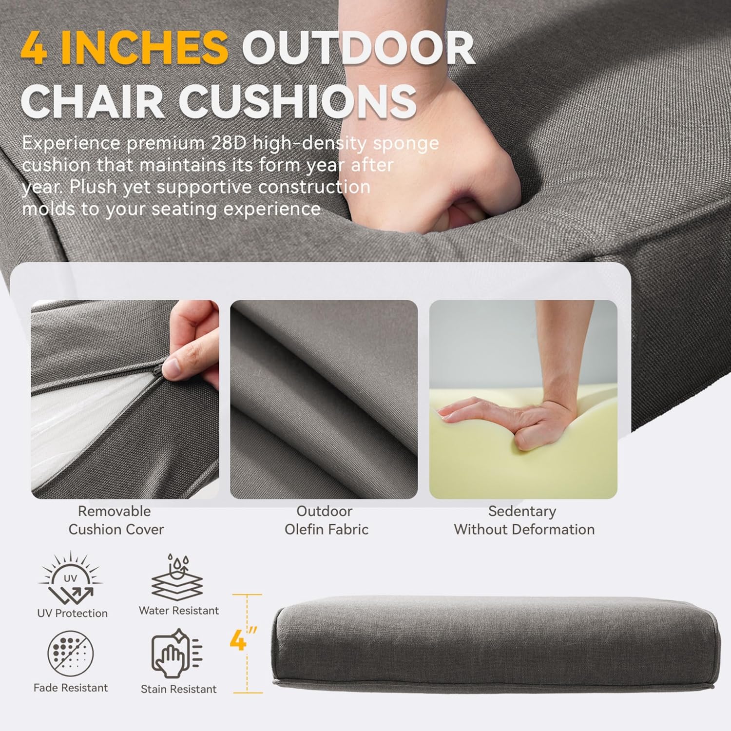 Patio Cushions for Outdoor Furniture - 22" x 25" x 4" UV Resistant Thick Foam Cushions Water Resistant Replacement Cushion for Outdoor Patio Furniture Chair/Sofa/Couch | Grey | 4-Pack |