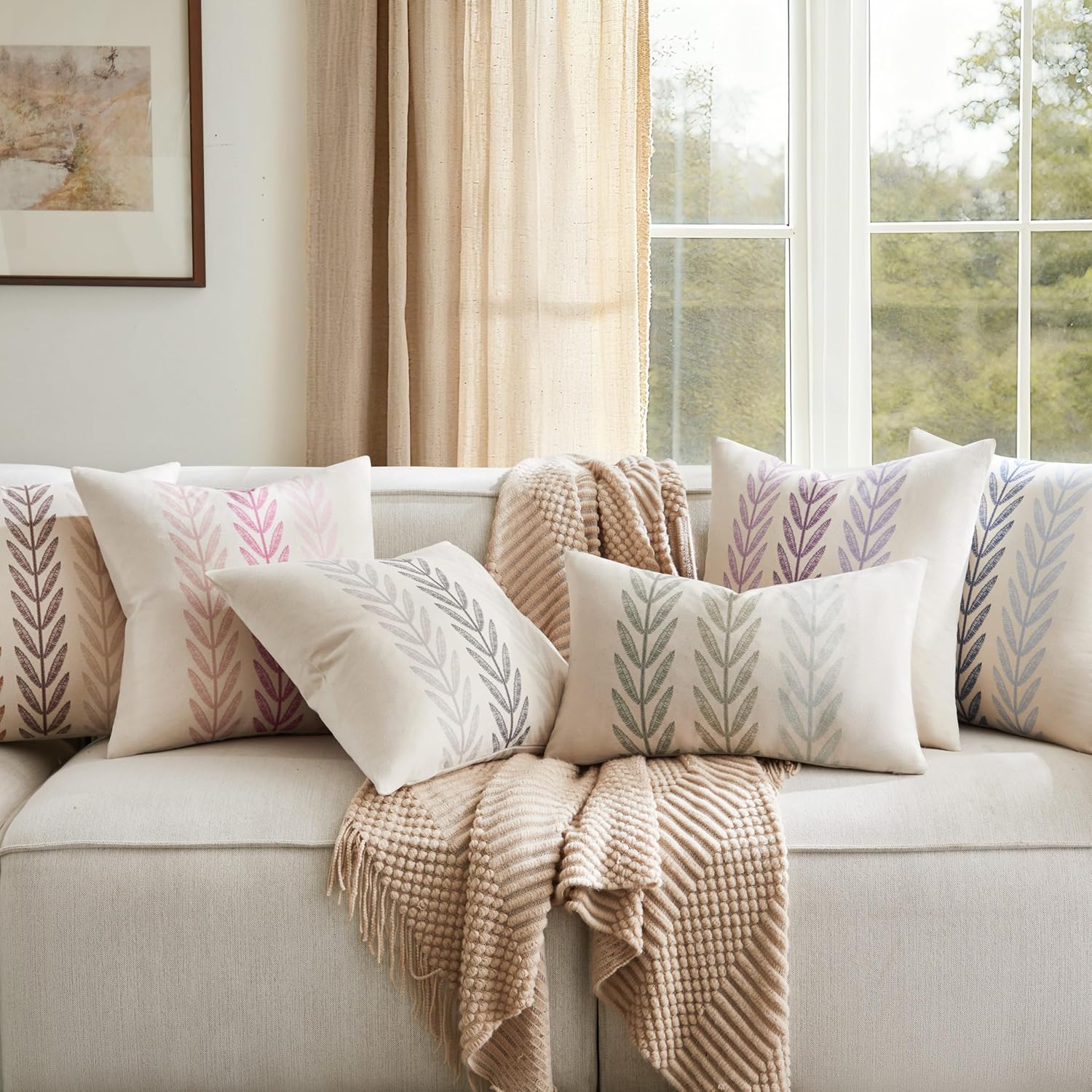 100% Cotton Farmhouse Leaves Throw Pillow Covers Set of 2, 18x18 Inch Mixed Purple Pastoral Decorative Print Cushion Covers for Sofa Bed Living Room Home Decor