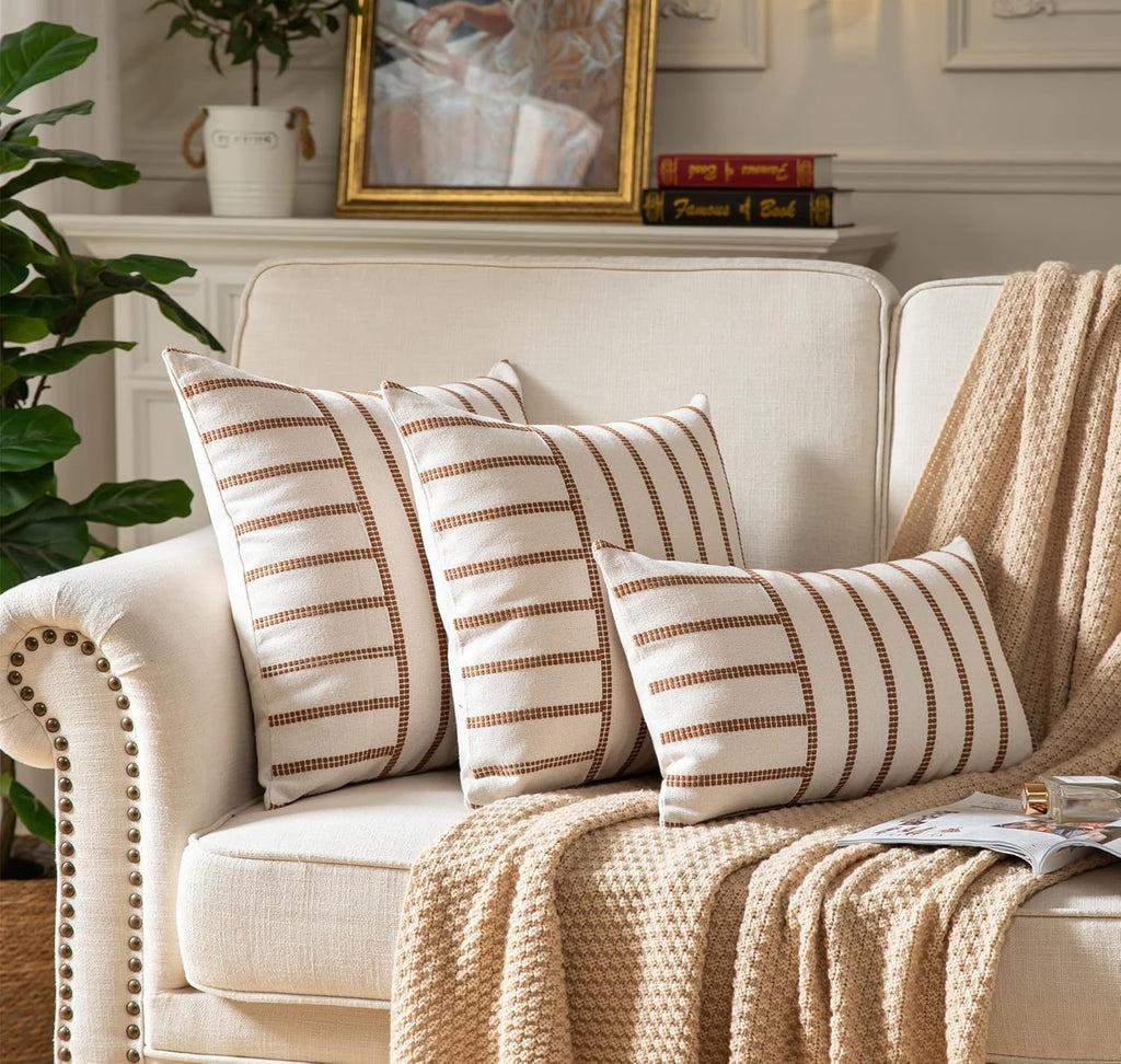 Caflife Boho Throw Pillow Covers 12x20 Set of 2 Soft Farmhouse Decorative Couch Pillow Cases Brown Striped Pillow Covers Neutral Cushion Covers for Sofa Bed Living Room Home Decor