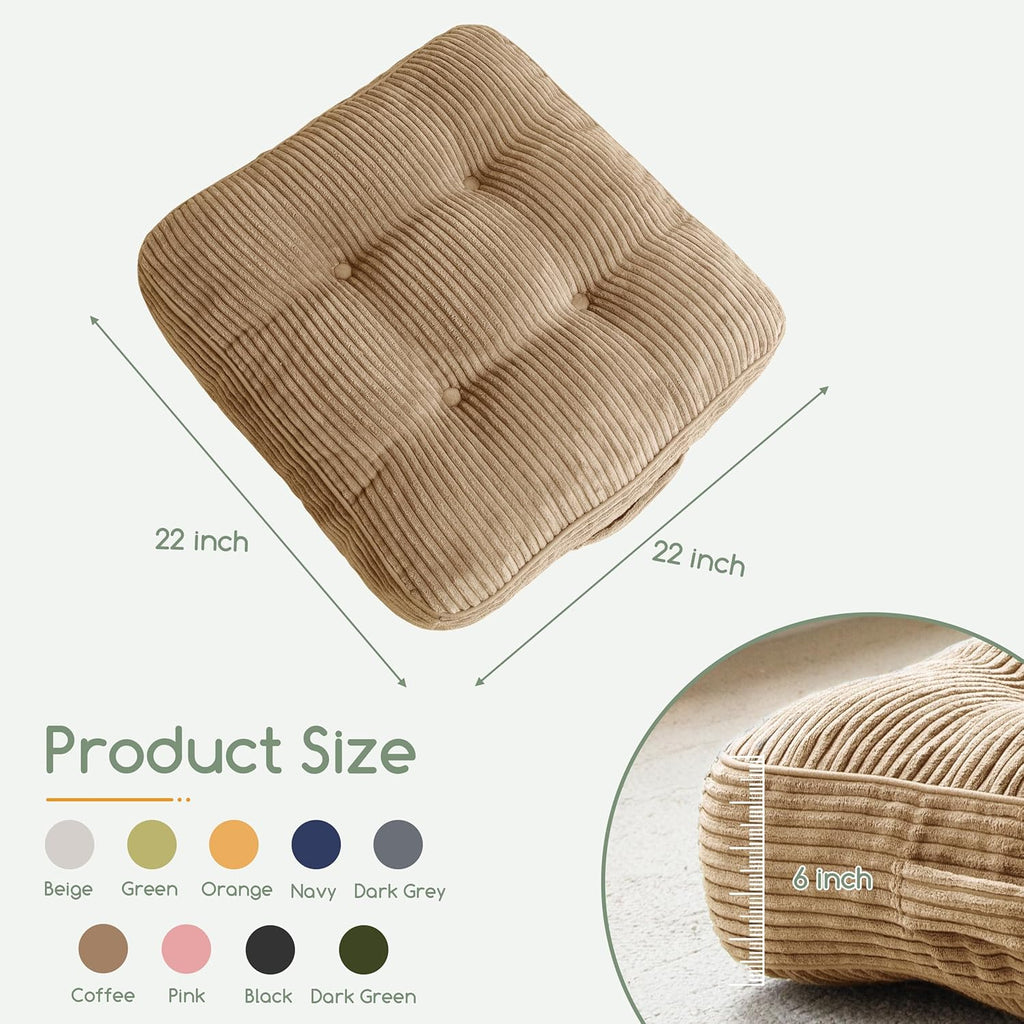 6" Washable Floor Pillow Cushion for Adults, Meditation Cushion Pillow, Large Square Floor Sitting, Removable Tufted Corduroy Cover, for Tatami Living Room or Yoga, 22x22 Inch, Machine Washable