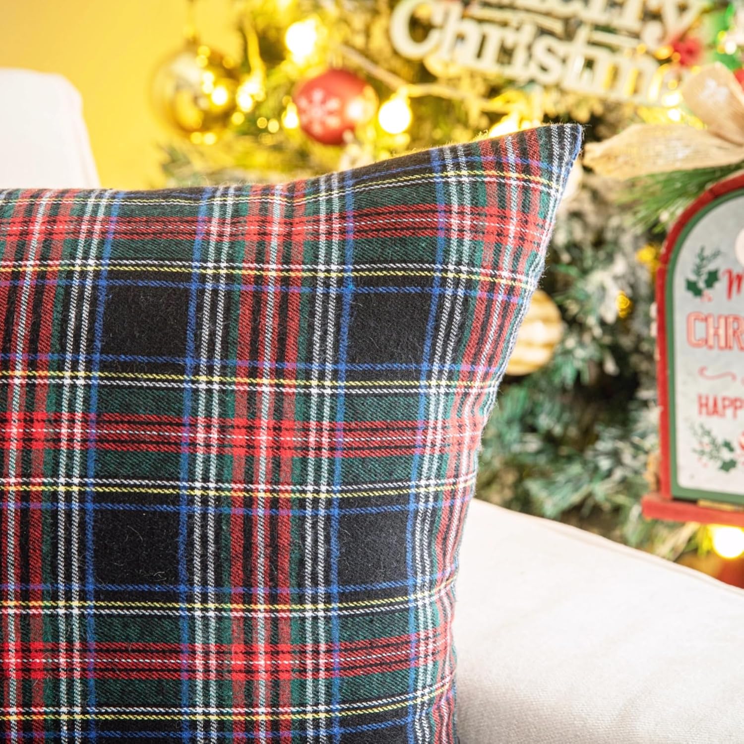 AQOTHES Pack of 2 Christmas Plaid Decorative Throw Pillow Covers Scottish Tartan Cushion Case for Farmhouse Home Holiday Decor Red and Black, 12 x 20 Inches