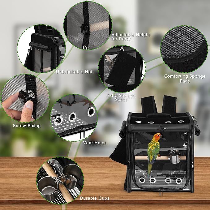 Suertree Bird Carrier with Seat Belt for Car Travel, Bird Backpack Carrier with Indestructible Stainless Steel Mesh, Large Bird Carrier Travel Cage, Black