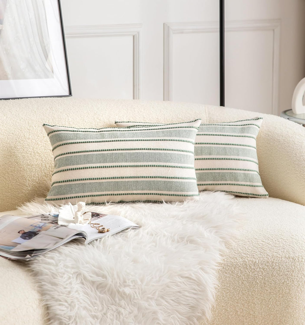 Decorative Boho Lumbar Throw Pillow Covers, Farmhouse Textured Pillow Case, 12 x 20 Inch Set of 2, Chair Sofa Bedroom Living Room Home Decor Couch Cushion Case, Green and Beige