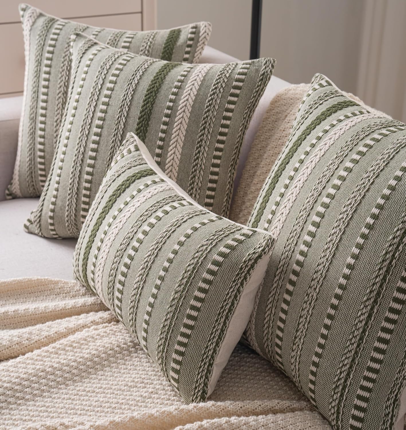 Boho Throw Pillow Covers 18x18 Inch Set of 2, Farmhouse Decorative Couch Pillow Cases, Green Accent Pillows of Bed, Sofa Bedroom Living Room Home Decor Cushion Cover