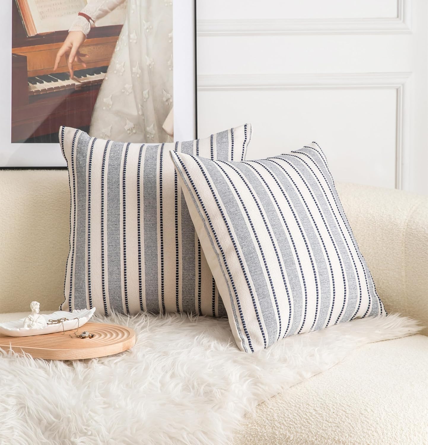 Decorative Boho Throw Pillow Covers, Farmhouse Textured Pillow Case, 22 x 22 Inch Set of 2, Chair Sofa Bedroom Living Room Decor Couch Cushion Case, Navy Blue and Beige Striped