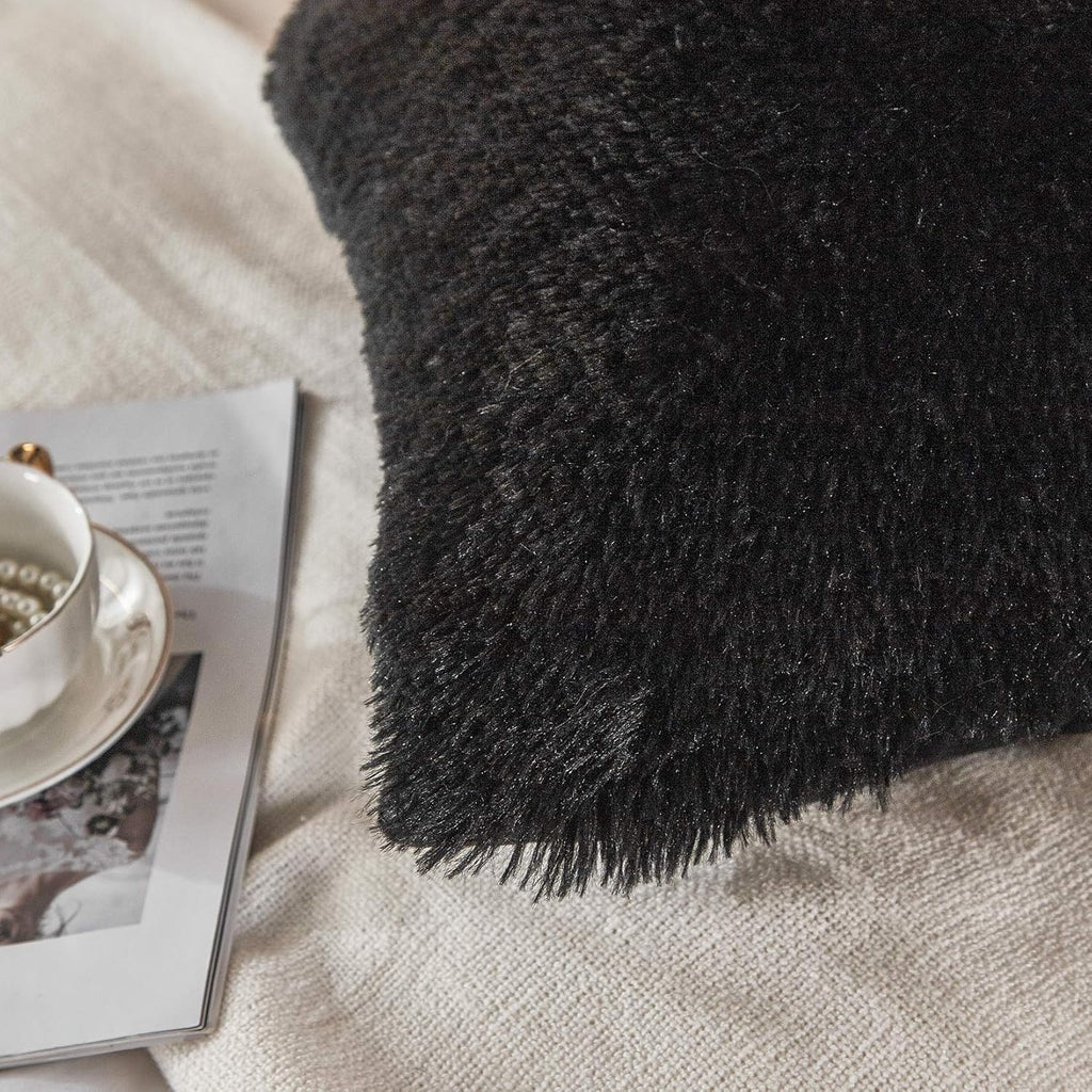 Uhamho Set of 2 Faux Fur Throw Pillow Covers Soft Velvet Decorative Pillowcases Zipper Closure (Black, 20"x36")