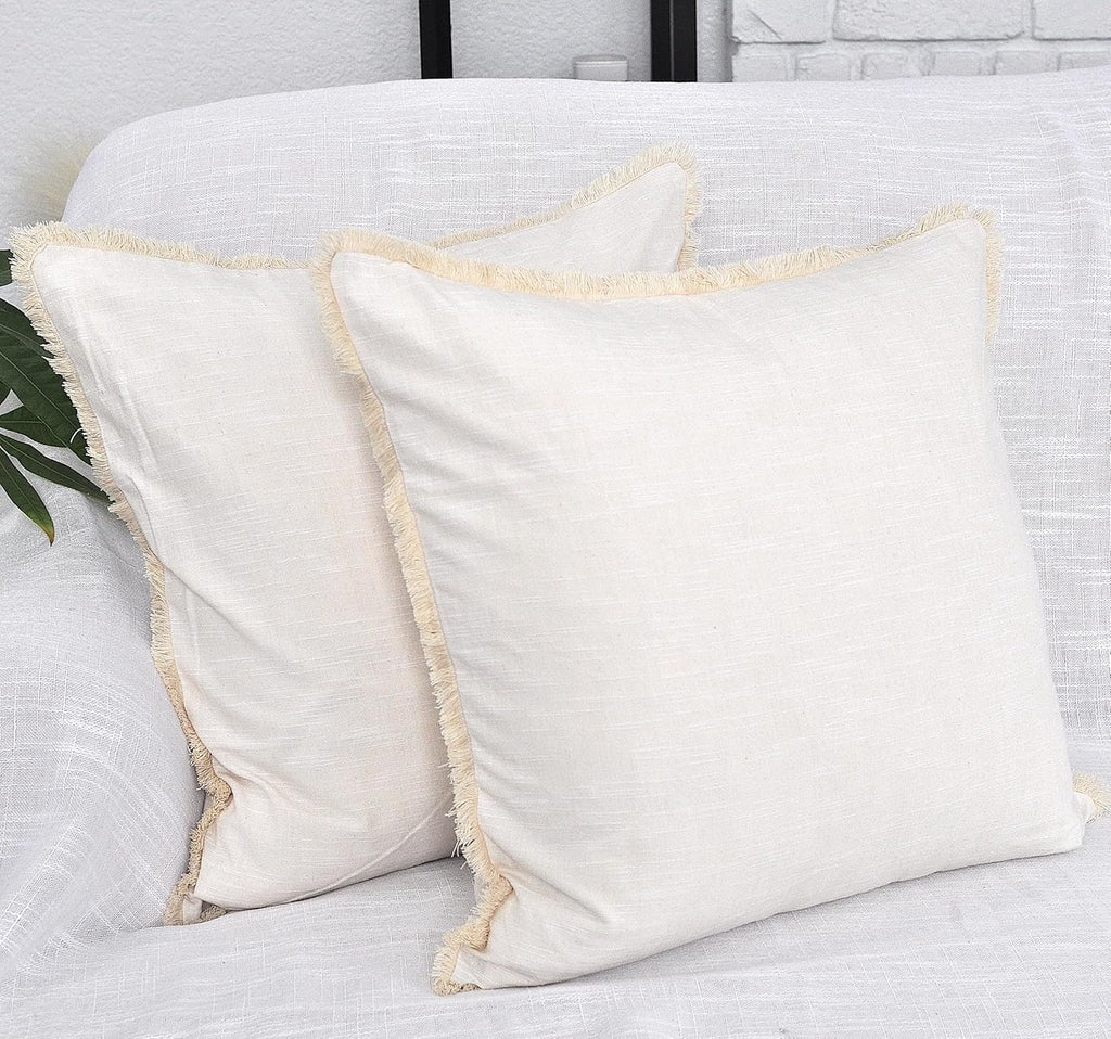 16×16 Cream White Decorative Fringe Cotton Throw Pillow Covers Boho Farmhouse Cushion Covers with Tassels Linen Like Textured Accent Pillowcases for Bed Couch Chair Sofa Living Room Set of 2