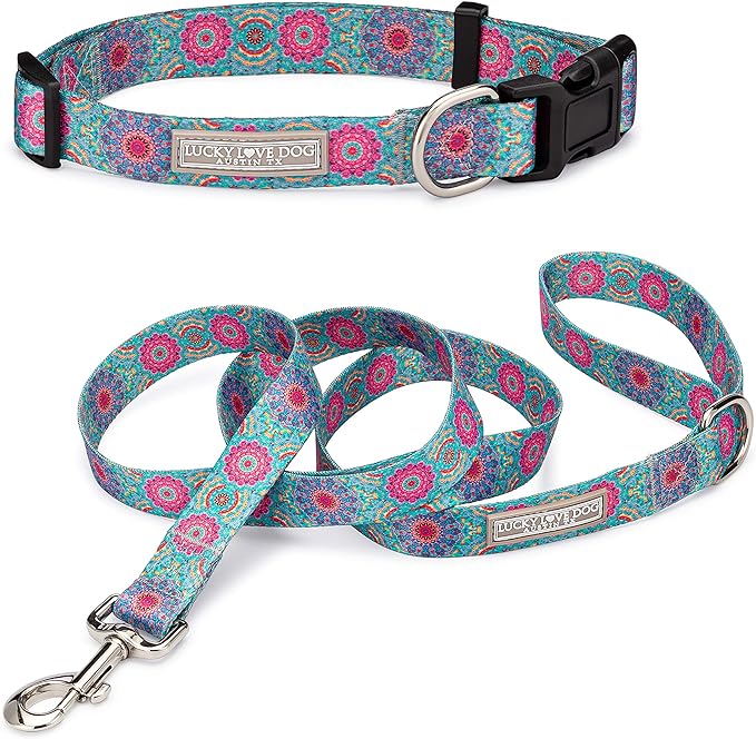 Lucky Love Dog, Boho Chic Matching Dog Collar and Leash Set, Vivid Pink and Turquoise Collar and Leash for Dogs, Soft, Adjustable, Safe for Training and Walking - (X-Small, Clara Combo)