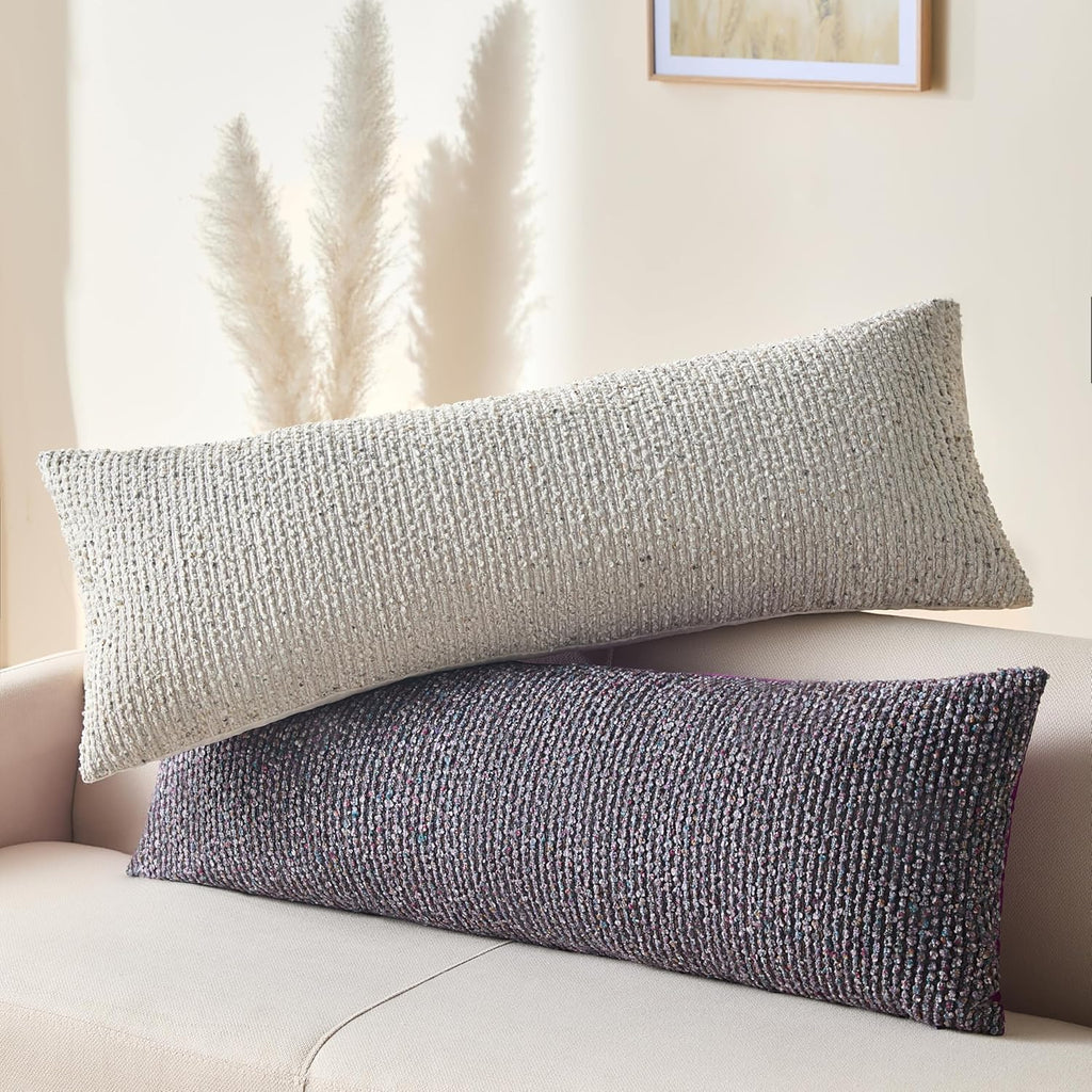 Decorative Lumbar Pillow Cover 14x36 Purple Striped Wool Long Body Pillow Neutral Textured Boho Lumbar Throw Pillow Cushion Covers for Modern Farmhouse Sofa Bed Living Room Decor SY011-E14