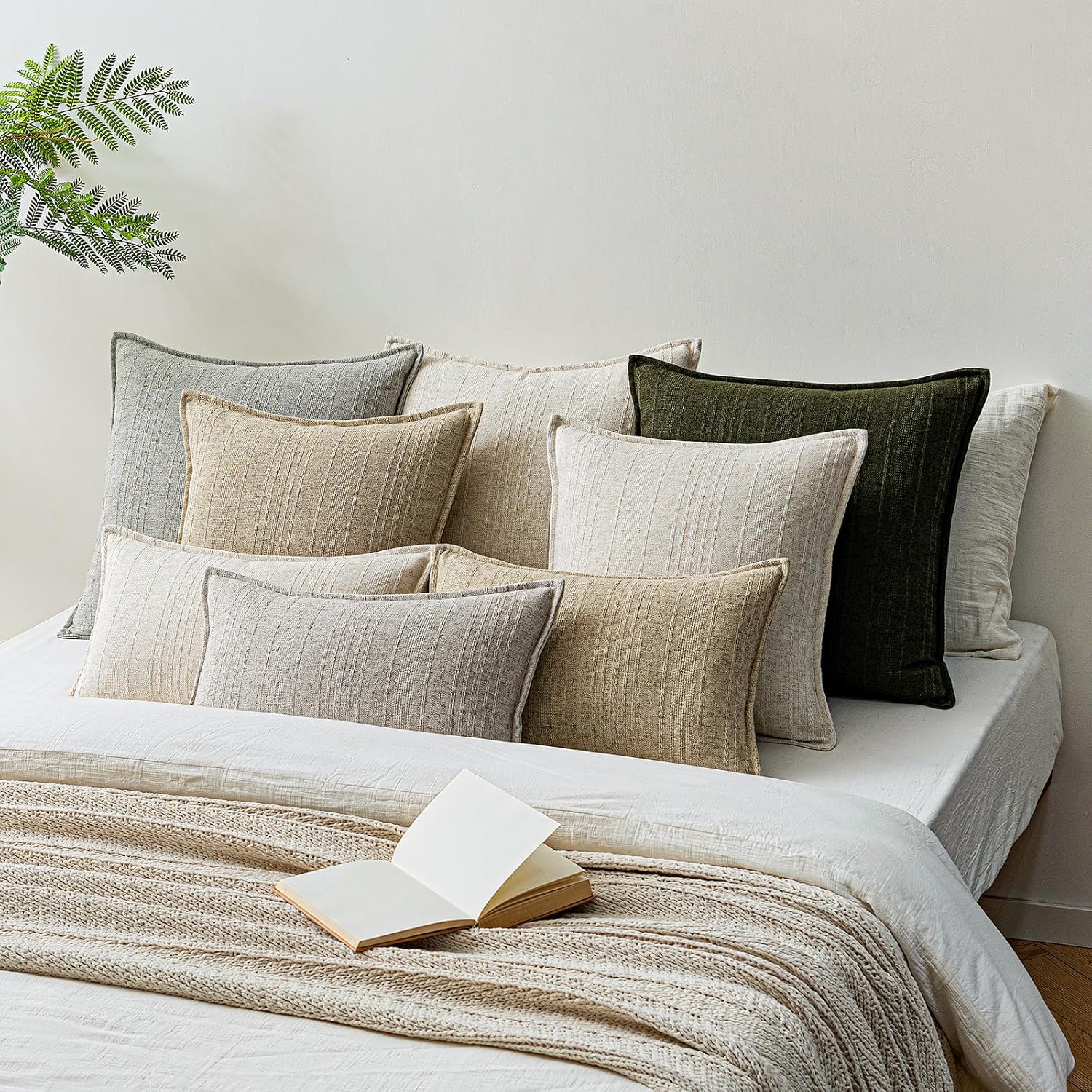 a moment Linen Pillow Covers Set of 2,Boho Farmhouse Throw Pillowcases Neutral Textured Decorative Covers for Couch Sofa Bed, Soft Linen Blend Accent Case Cushion Living Room Home Decor 20"x20"Khaki