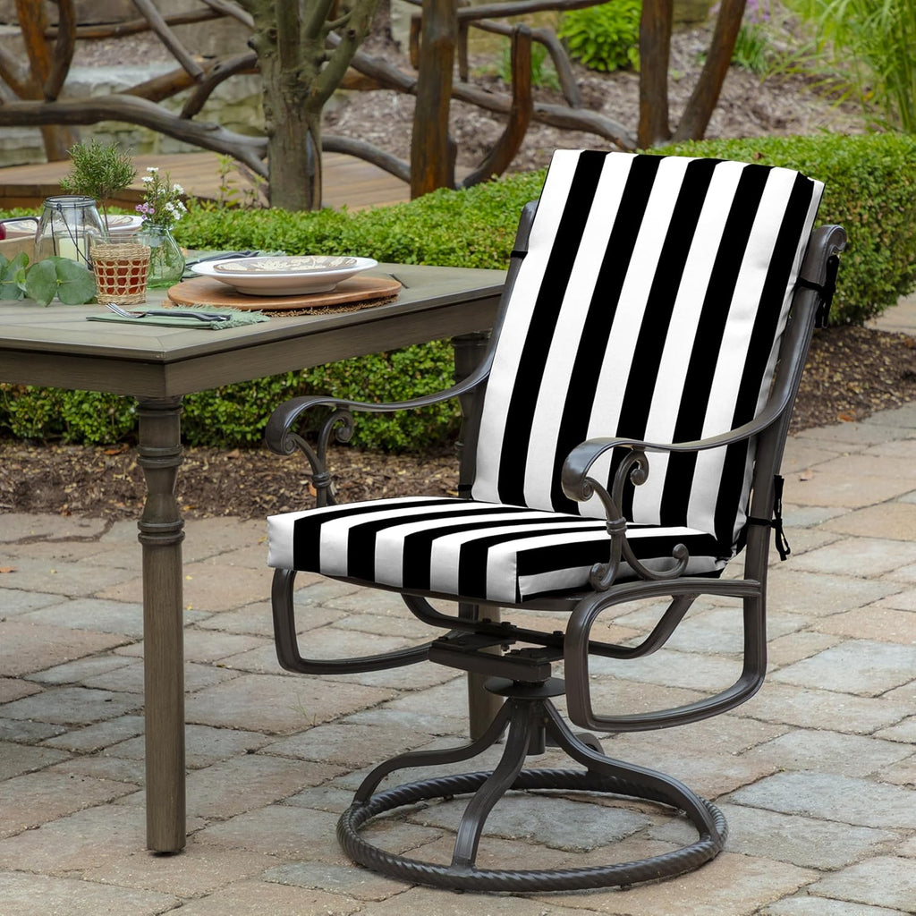 Arden Outdoor Midback Chair Cushion, 18 x 16.5, Rain-Proof, Fade Resistant Black Cabana Stripe