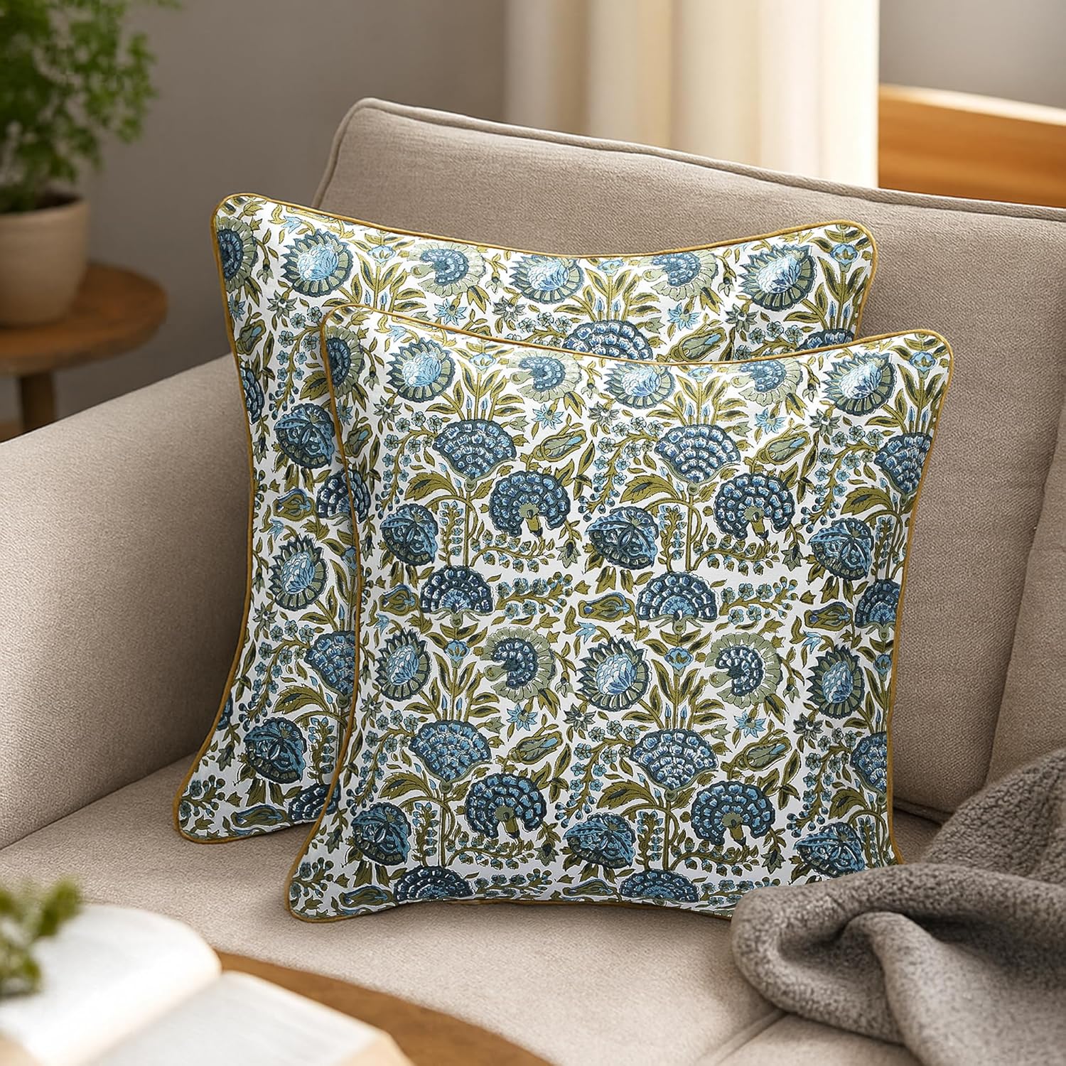 SheetKart Pure Cotton Throw Pillow Covers - Set of 2 - Hand Block Pure Cotton Printed Boho Decorative Pillow Covers - Cushion Covers for Living Room, Bohemian Theme, 18 x 18 Inches, Midnight Olive