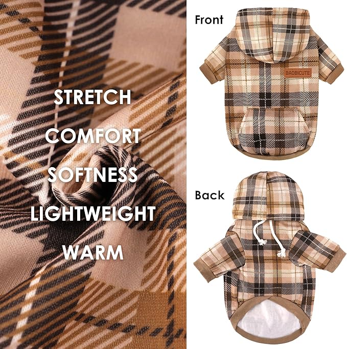 Dog Basic Hoodie Ultra-Soft Plaid Dog Clothes Cold Weather Sweaters for Medium Large Dogs Breathable Cozy Fabric Pet Coat Warm Stylish Sweatshirt with Leash Hole Pocket Dogs Jacket for Cats Boys Girls