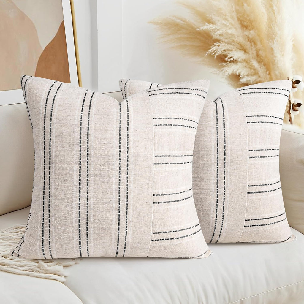 AELS 22x22 Decorative Farmhouse Linen Throw Pillow Covers, Boho Textured Pillow Case, Set of 2, Beige with White & Black Stripe Patchwork Cushion Cover for Sofa Couch Living Room (Cover ONLY)