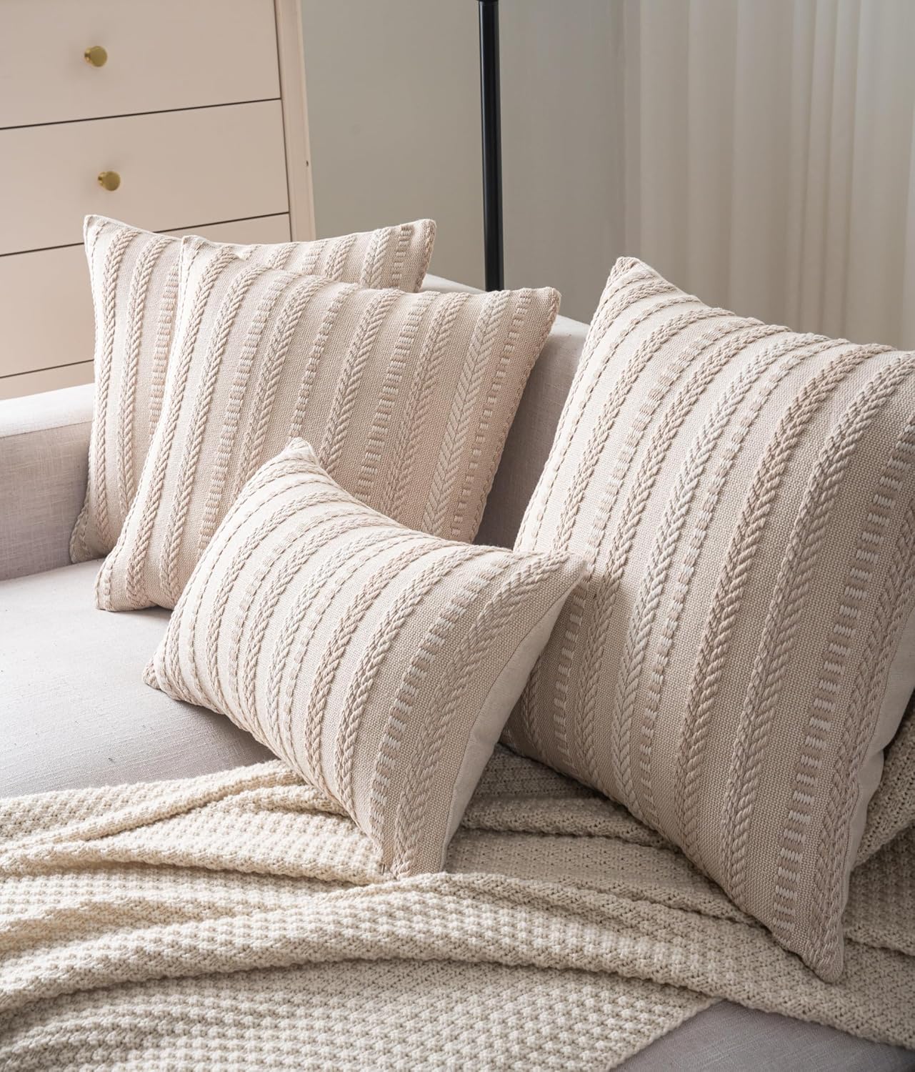 Boho Throw Pillow Covers 18x18 Inch Set of 2, Farmhouse Decorative Couch Pillow Cases, Beige Accent Pillows of Bed, Sofa Bedroom Living Room Home Decor Cushion Cover