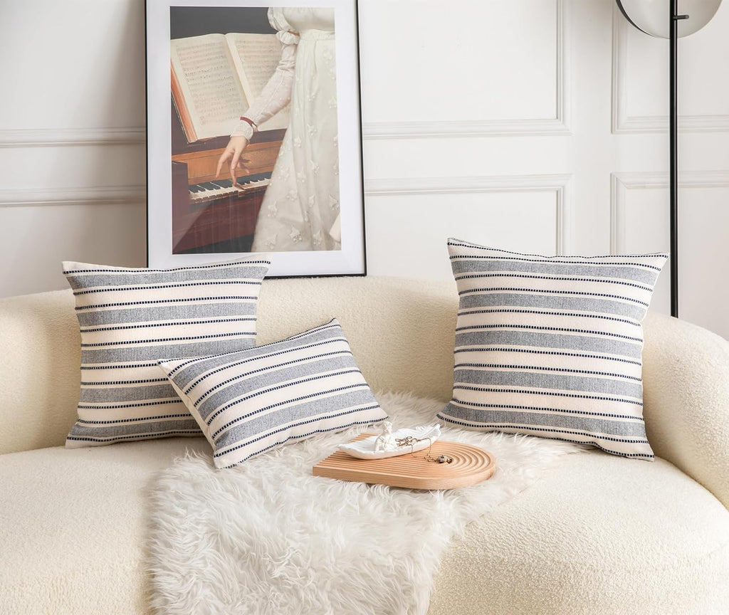 Decorative Boho Lumbar Throw Pillow Covers, Farmhouse Textured Pillow Case, 12 x 20 Inch Set of 2, Chair Sofa Bedroom Living Room Decor Couch Cushion Case, Navy Blue and Beige