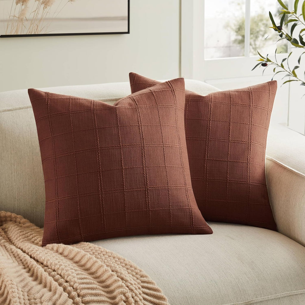 ZeeMart Linen Checked Throw Pillow Covers Set of 2, 20x20 Inch Terracota/Cream, Farmhouse Decorative Single Sided Grid Embroidered Couch Pillow Cases Rust Cotton Linen Cushion Covers