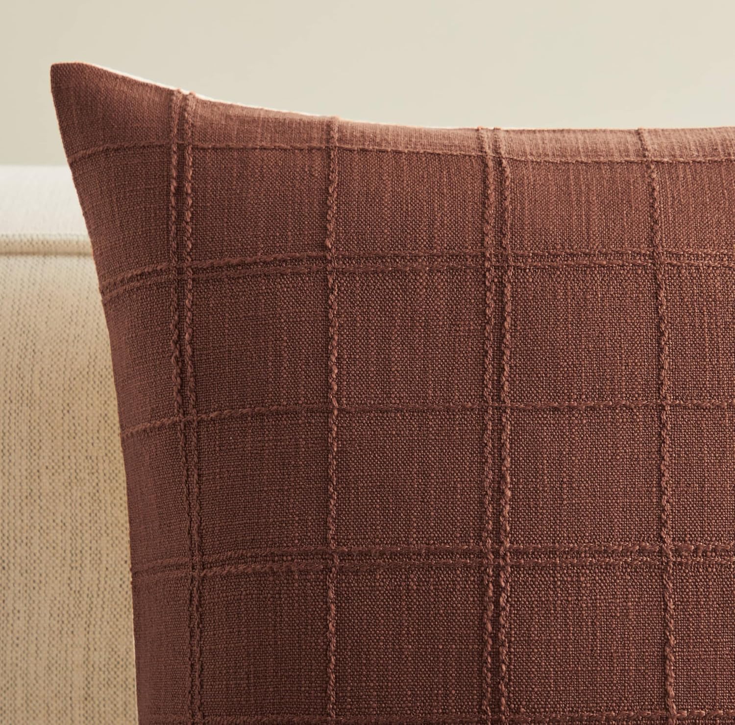 ZeeMart Linen Checked Throw Pillow Covers Set of 2, 22x22 Inch Terracota/Cream, Farmhouse Decorative Single Sided Grid Embroidered Couch Pillow Cases Rust Cotton Linen Cushion Covers