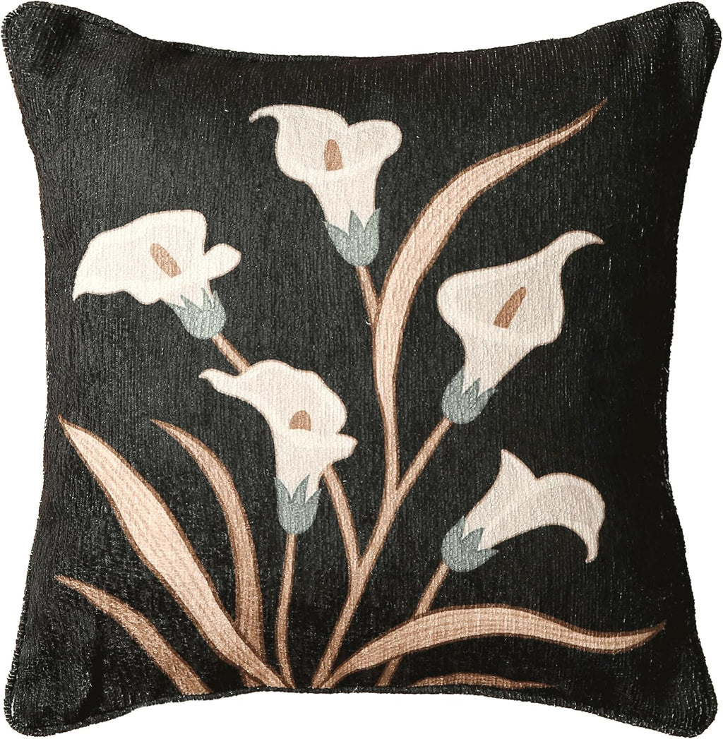 Black Throw Pillow Covers,Elegant Floral White Calla Lily Pattern Linen Pillowcases,Decorative Square Pillow Covers Cushion Covers for Couch Bed Sofa Chair 18x18 Inches