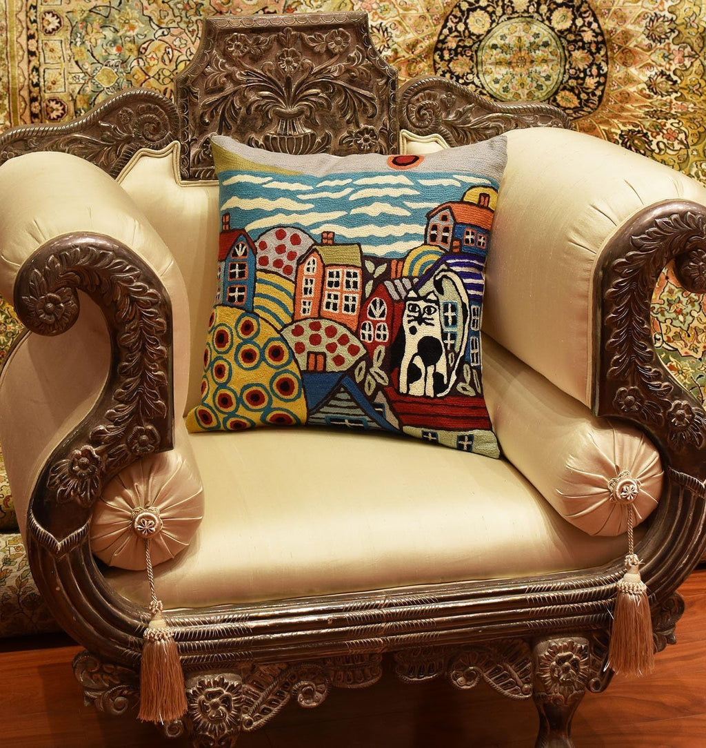 Blue Coastal Throw Pillow Cover | Karla Gerard Seaside Cat Pillow | Folklore Pillowcase | Nautical Chair Cushion | Flower Couch Pillow | Hand Embroidered Cushions Wool Size - 18x18