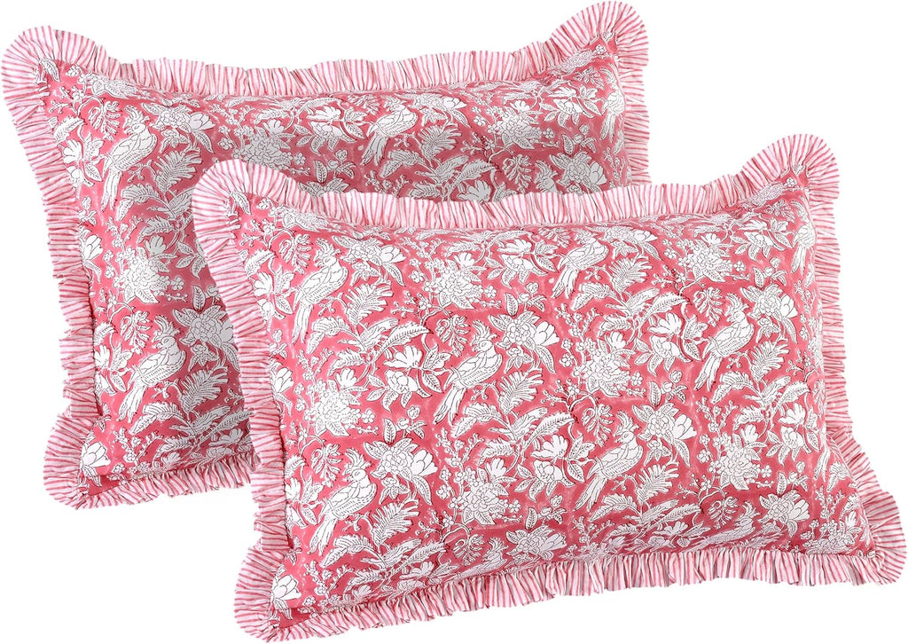 CPC Ruby Red 100% Cotton Block Print Ruffle Sham Cover 20X36 inch Pack of 2, Handmade Boho Floral Pillowcase, Soft Decorative King Bed Pillow Cover for Bedroom Décor