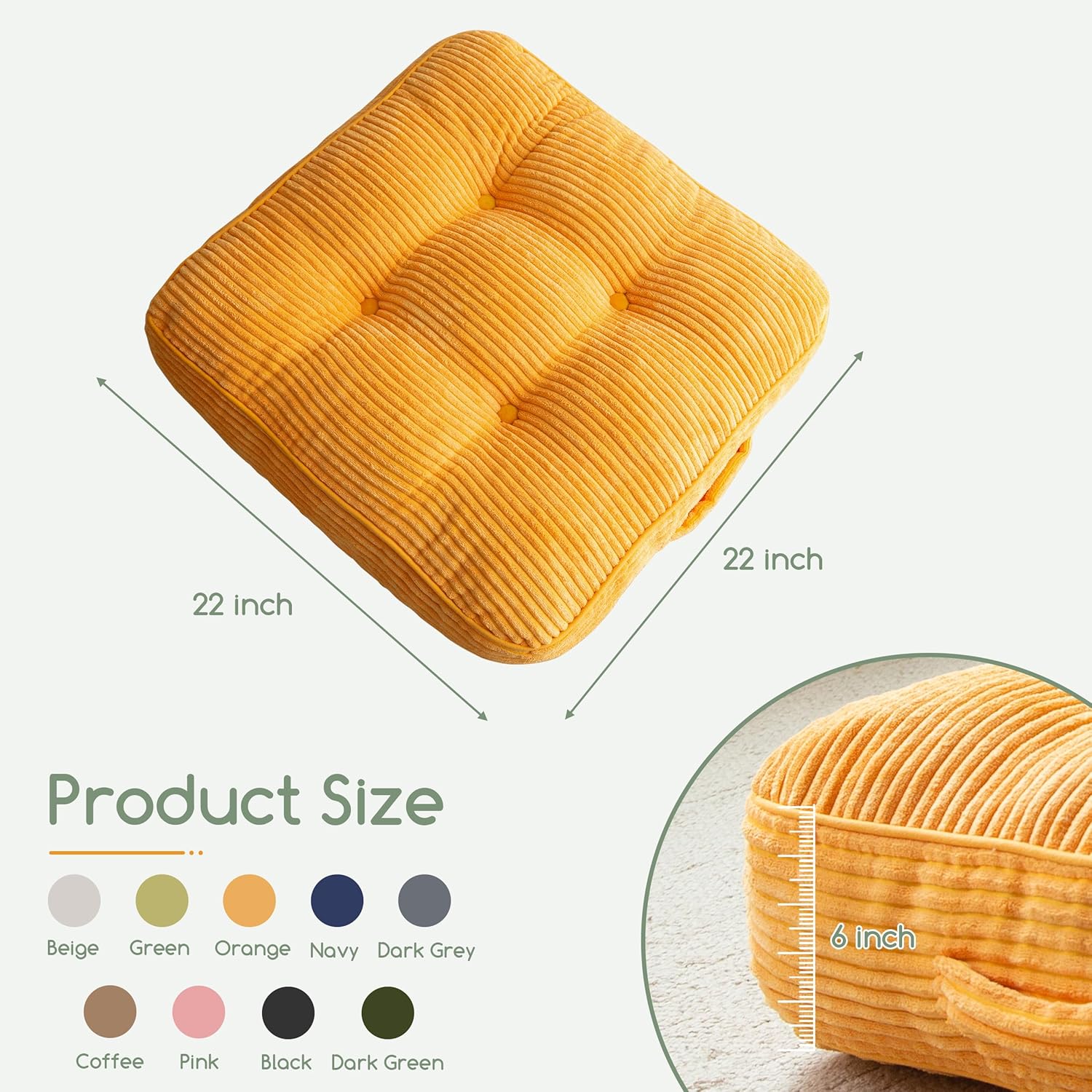 6" Washable Floor Pillow Cushion for Adults, Meditation Cushion Pillow, Large Square Floor Sitting, Removable Tufted Corduroy Cover, for Tatami Living Room or Yoga, 22x22 Inch, 2Pack, Machine Washable