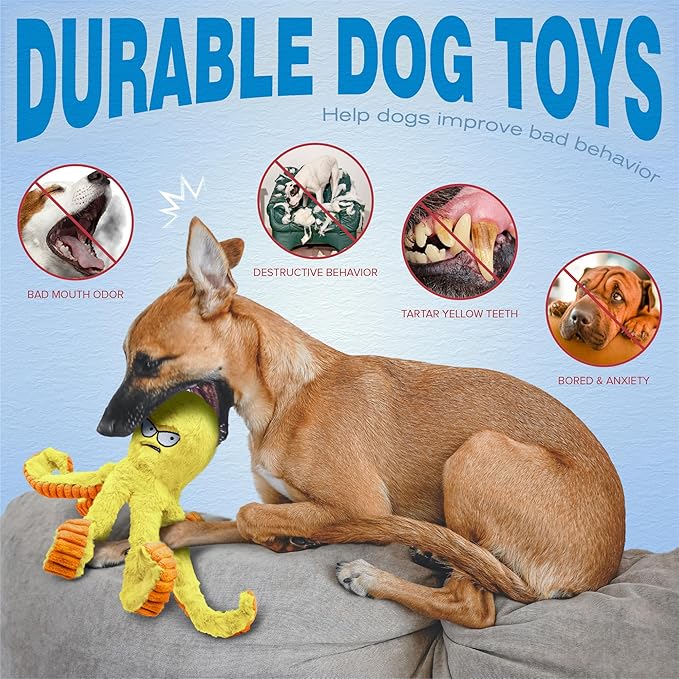 LEGEND SANDY Tough Dog Toys, Stuffed Chew Large Dog Toys to Keep Them Busy, Interactive Squeaky Tug of War Doggie Toy, Crinkle Yellow Octopus
