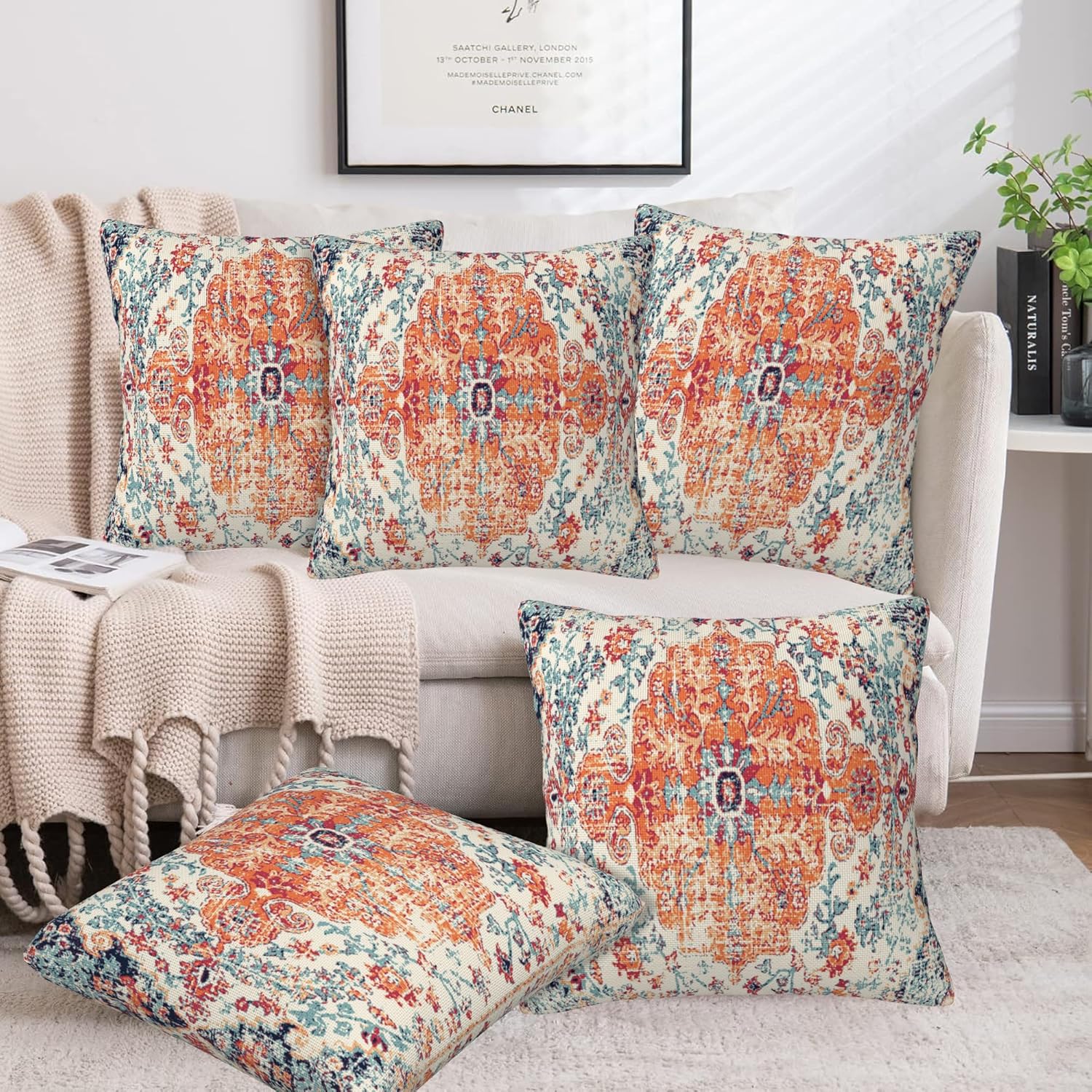 Throw Pillow Covers Boho Orange Pillow Covers 16x16 Inch Set of 2 Rug Boho Style Ethnic Floral Throw Pillows Decorative Pillow Cases Cushion Covers for Bedroom Livingroom Sofa Farm House
