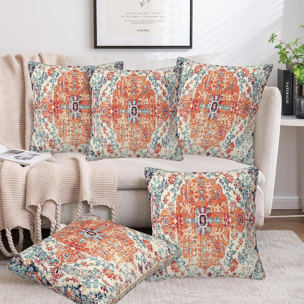 Throw Pillow Covers Boho Orange Pillow Covers 20x20 Inch Set of 2 Rug Boho Style Ethnic Floral Throw Pillows Decorative Pillow Cases Cushion Covers for Bedroom Livingroom Sofa Farm House
