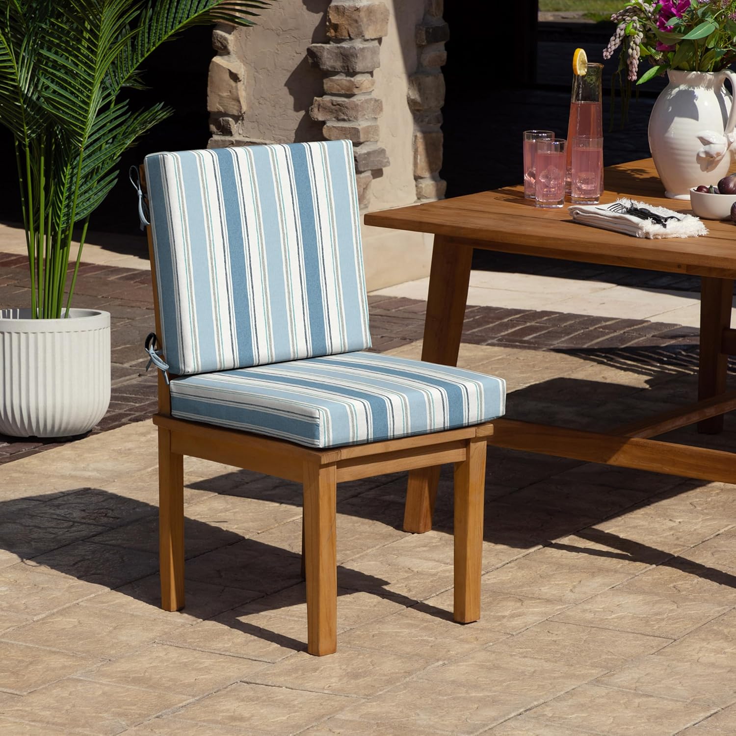 Arden Foam Outdoor Dining Chair Cushion, 20 x 20, Made with ProFoam, Rain-Proof, Fade Resistant, French Blue Linen Stripe