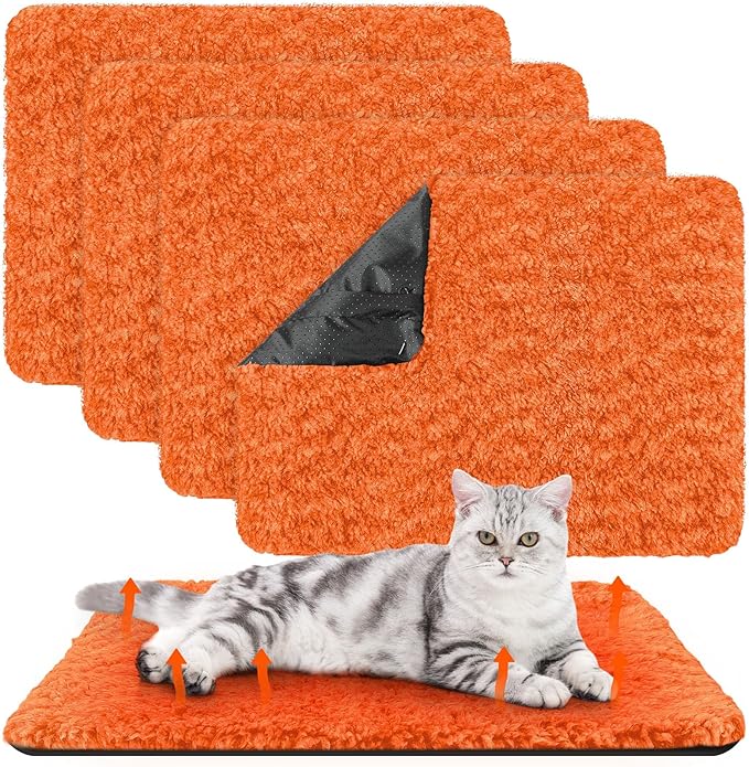 4 Pack Self Warming Cat Bed Indoor Self Heating Dog Cat Pad Washable Thermal Pet Kennel Pad Crate Bed Mat Reflect Body Heat for Outdoor (Orange,16 x 20 Inch)