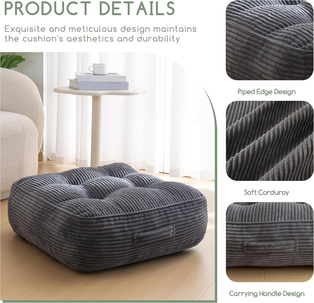 8" Washable Floor Pillow Cushion for Adults, Meditation Cushion Pillow, Large Square Floor Sitting, Removable Tufted Corduroy Cover, for Tatami Living Room or Yoga, 22x22 Inch, Machine Washable