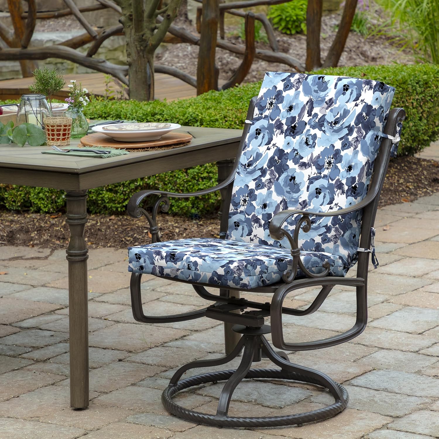 Arden Outdoor Midback Chair Cushion, 18 x 16.5, Rain-Proof, Fade Resistant Blue Garden Floral