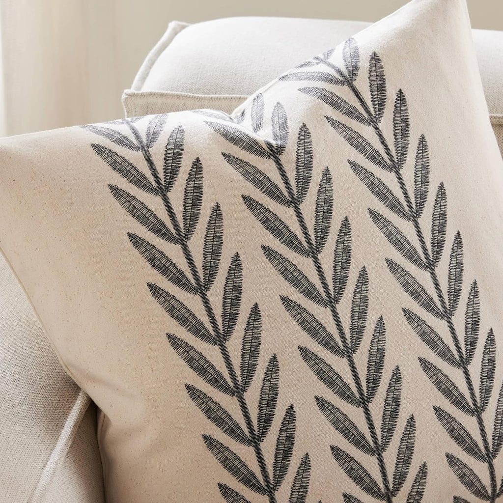 100% Cotton Farmhouse Leaves Throw Pillow Covers Set of 2, 22x22 Inch Black Pastoral Decorative Print Cushion Covers for Sofa Bed Living Room Home Decor