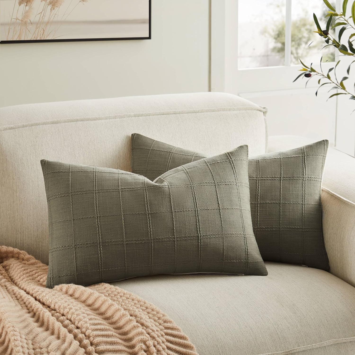 ZeeMart Linen Checked Lumbar Throw Pillow Covers Set of 2, 12x20 Inch Olive/Cream, Farmhouse Decorative Single Sided Grid Embroidered Couch Pillow Cases Green Cotton Linen Cushion Covers