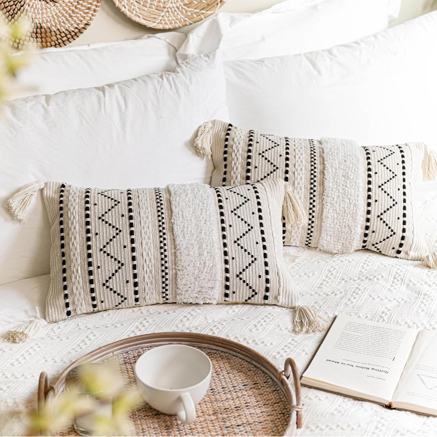 BlissBlush Decorative Lumbar Throw Pillow Cover 12x20 Combo Set of 2 Rectangular Boho Accent Pillowcase Black Neutral Farmhouse Cushion for Couch Sofa Bedroom Living Home Décor Cover ONLY