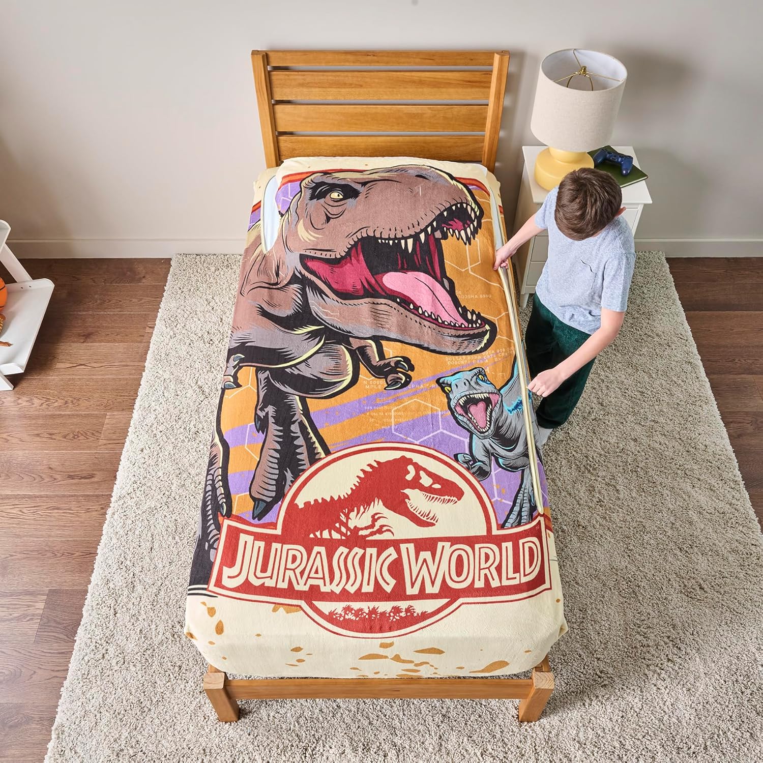 ZippySack Twin Bed Zip-Up Bedding – Super Soft Fleece Fitted Blanket with Side Pocket & Durable Zipper – Easy Bed-Making for Kids (Jurassic)