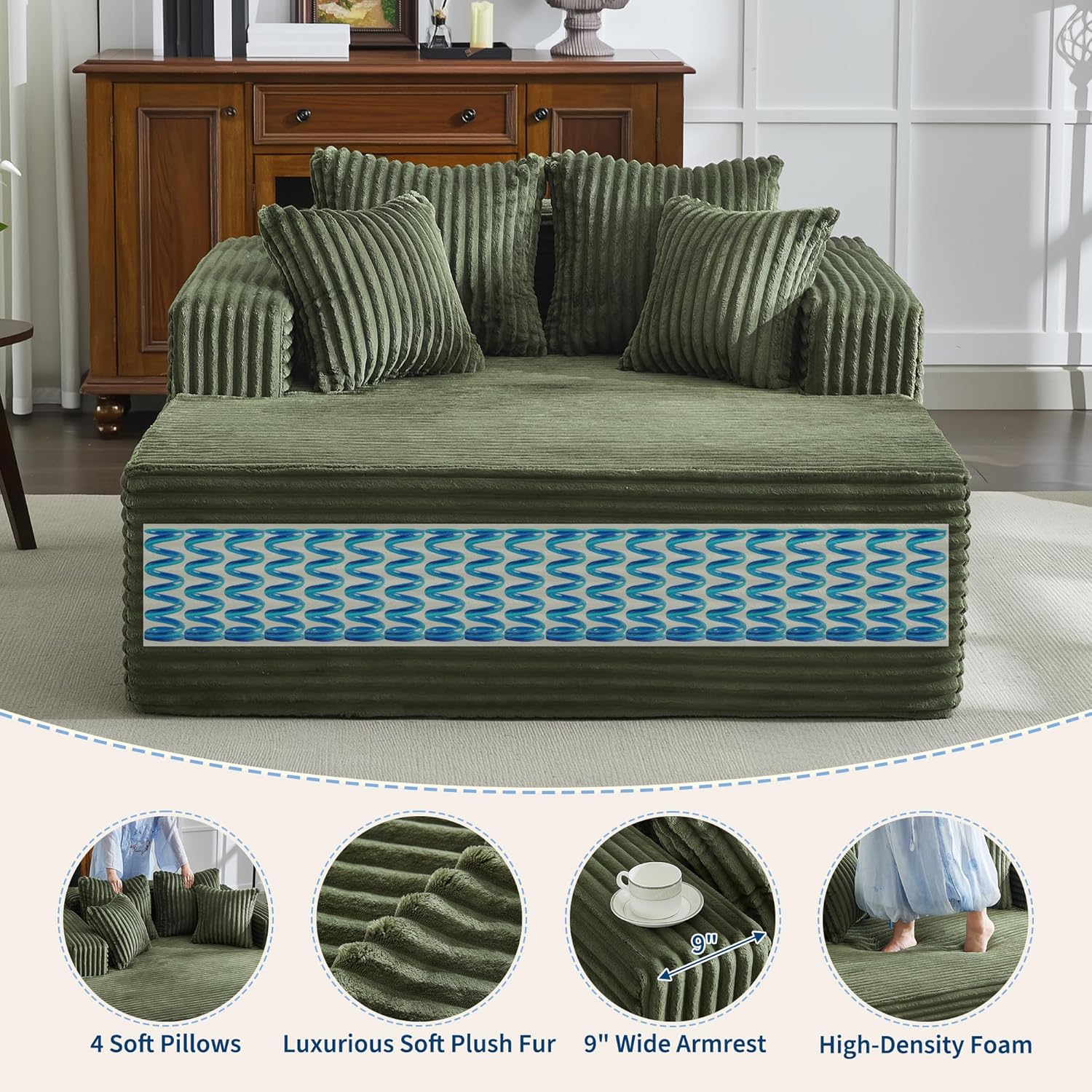 61" Oversized Chaise Lounge Chair Indoor, Boneless Couch Cloud Fluffy Chaise Lounges Corduroy Upholstered Sofa Bed w/Throw Pillows for Living Room Home Green