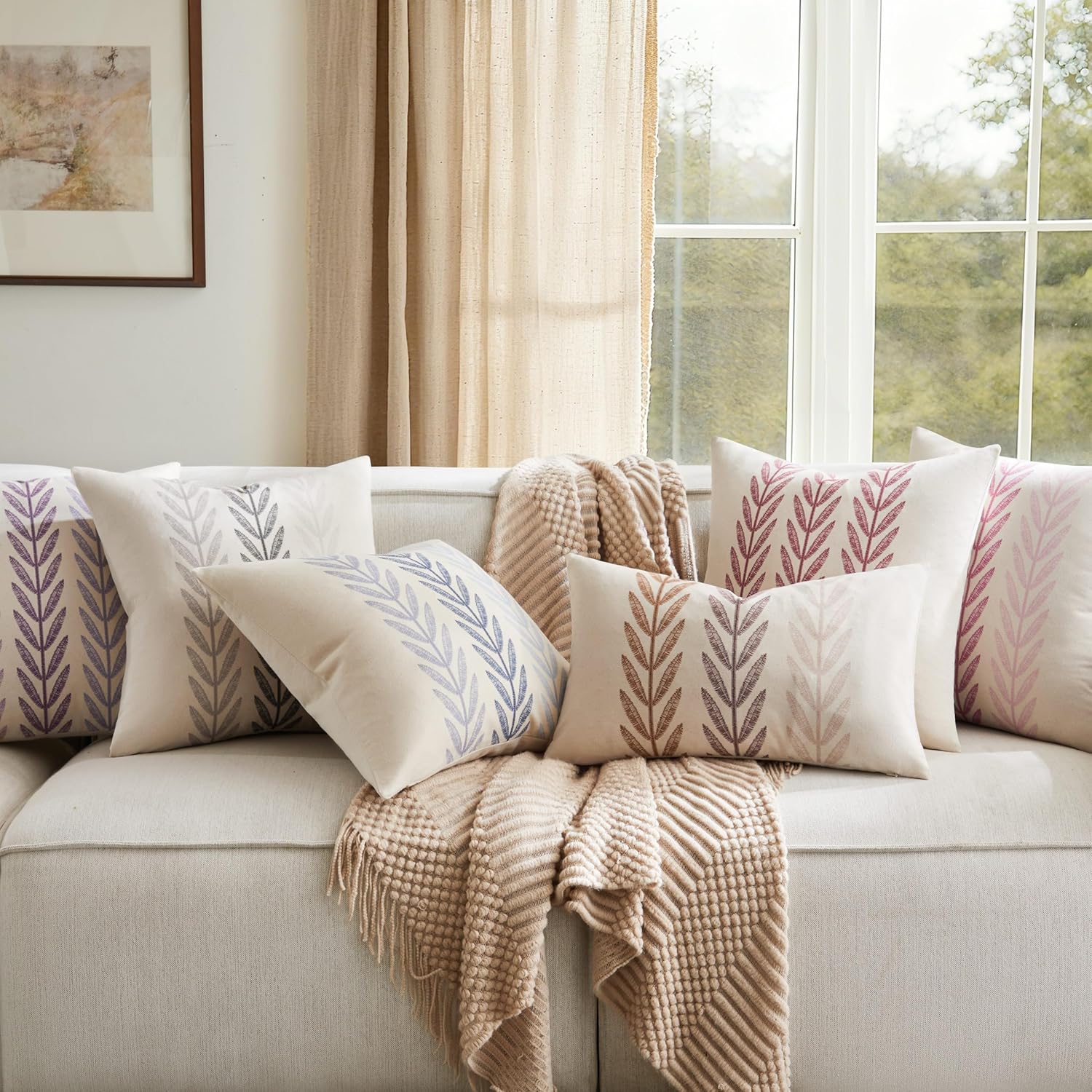 100% Cotton Farmhouse Leaves Throw Pillow Covers Set of 2, 16x16 Inch Mixed Grey Pastoral Decorative Print Cushion Covers for Sofa Bed Living Room Home Decor