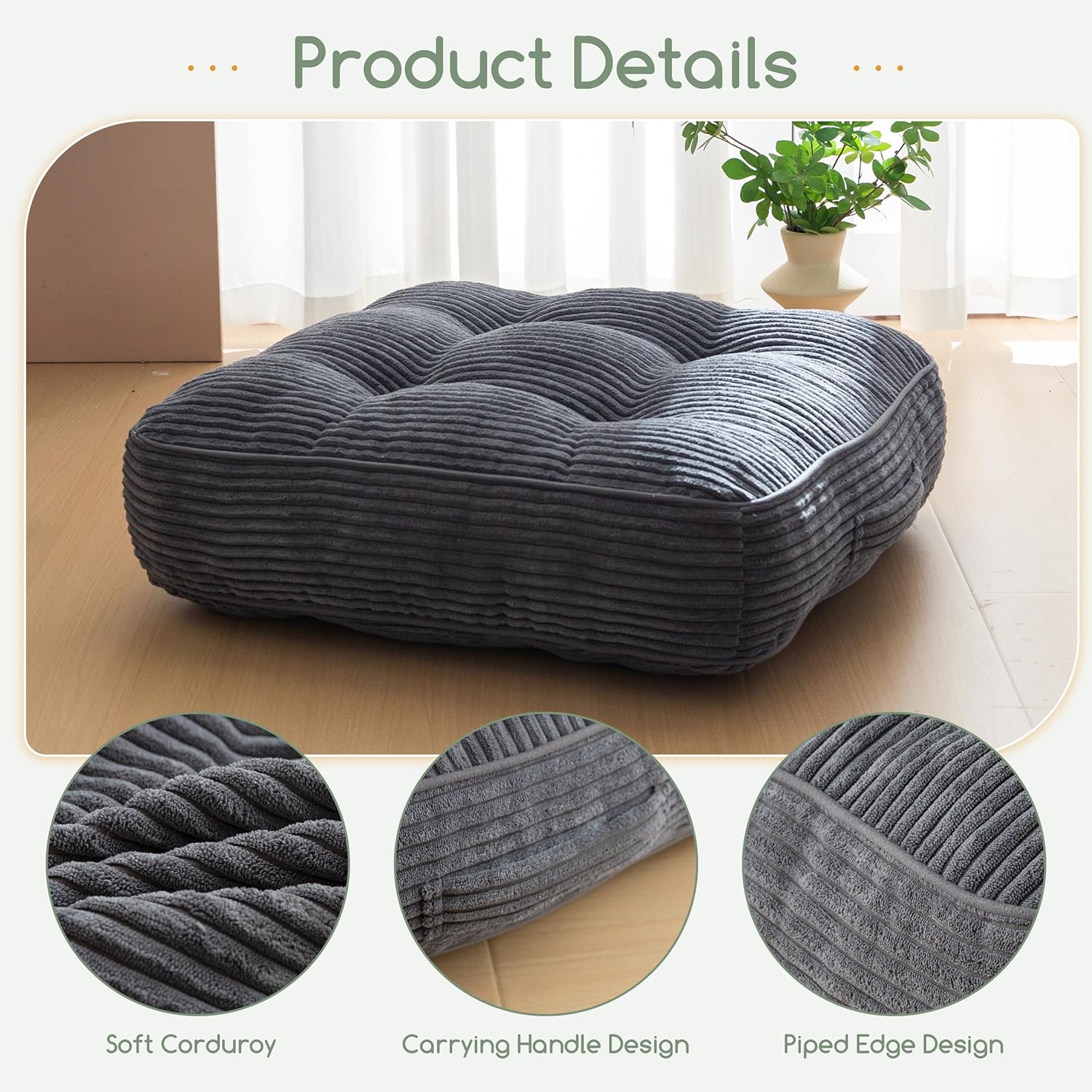 6" Washable Floor Pillow Cushion for Adults, Meditation Cushion Pillow, Large Square Floor Sitting, Removable Tufted Corduroy Cover, for Tatami Living Room or Yoga, 22x22 Inch, Machine Washable