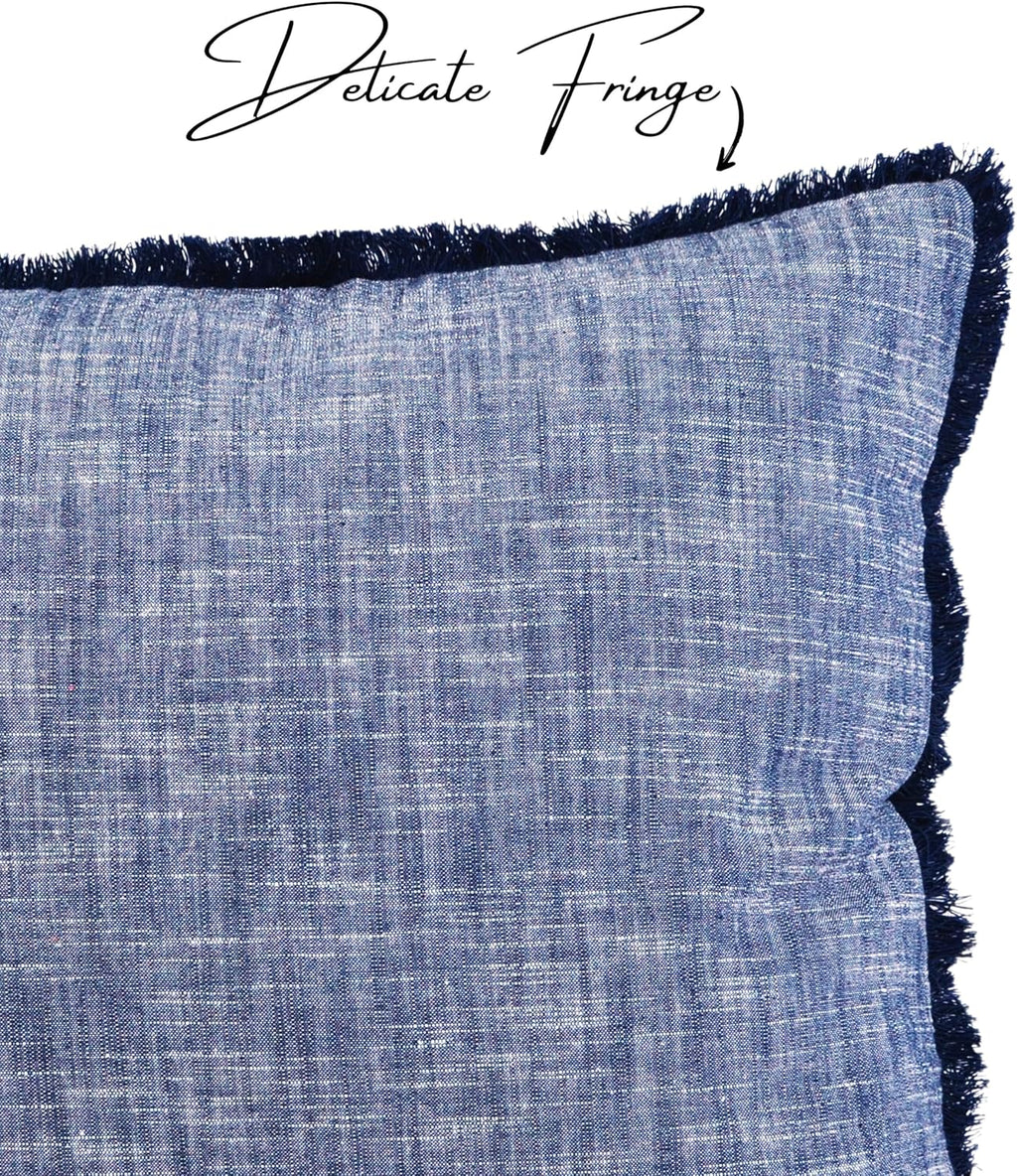 Set of 2 Textured Cotton Throw Pillow Covers with Decorative Fringe at Edges Farmhouse Cushion Cover with Tassels Linen Like Accent Pillowcases for Bed Couch Chair Sofa Living Room,16×16 Inch,Blue