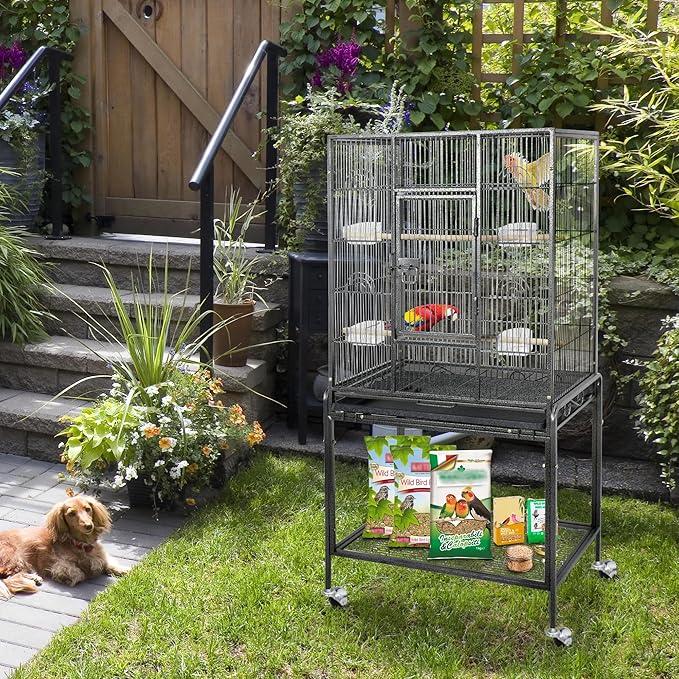 ZENY 53-Inch Bird Flight Cage, Wrought Iron Standing Large with Rolling Stand for Cockatiels Pet Parrot Parakeet Lovebird Canary Finch (Black)
