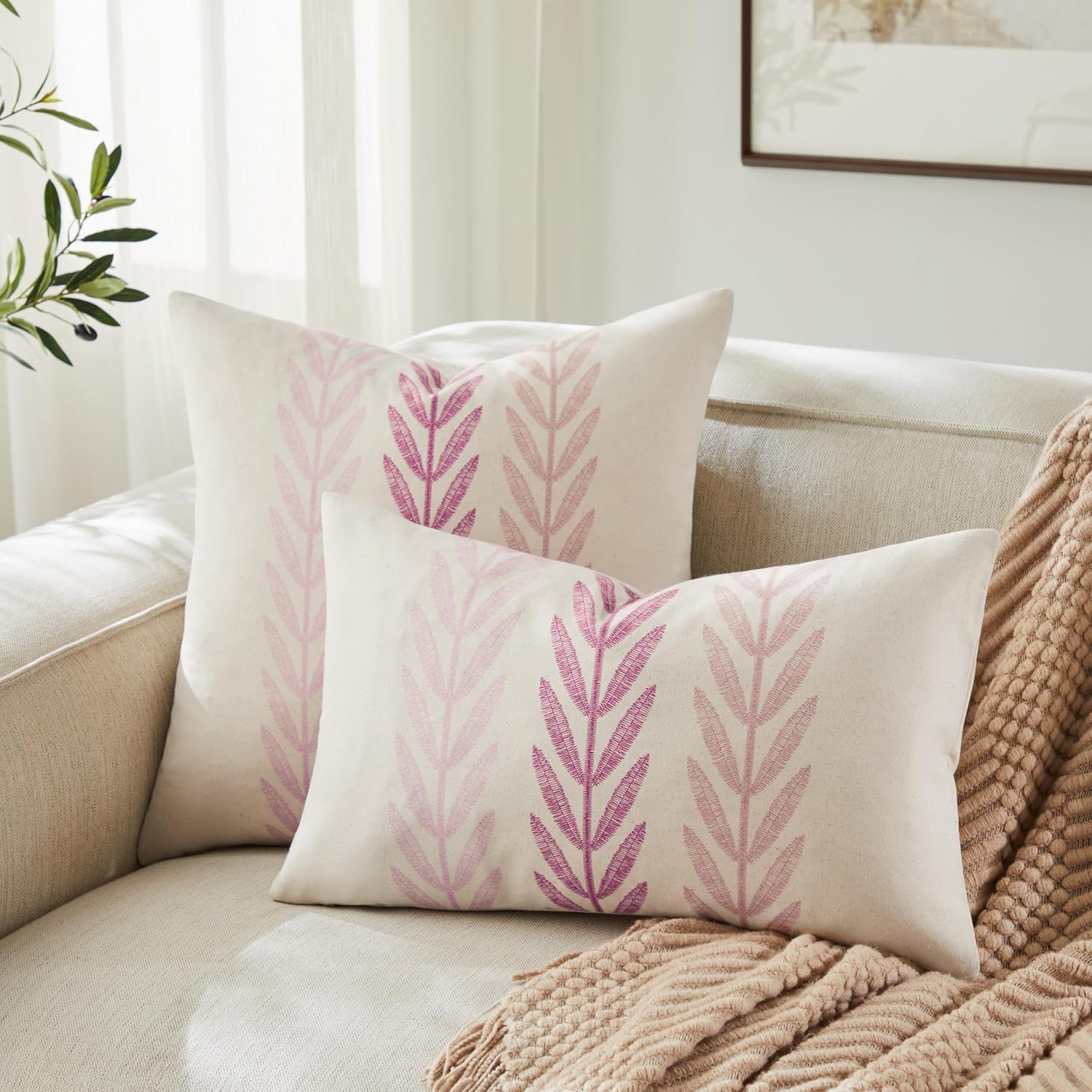 100% Cotton Farmhouse Leaves Throw Pillow Covers Set of 2, 24x24 Inch Mixed Pink Pastoral Decorative Print Cushion Covers for Sofa Bed Living Room Home Decor
