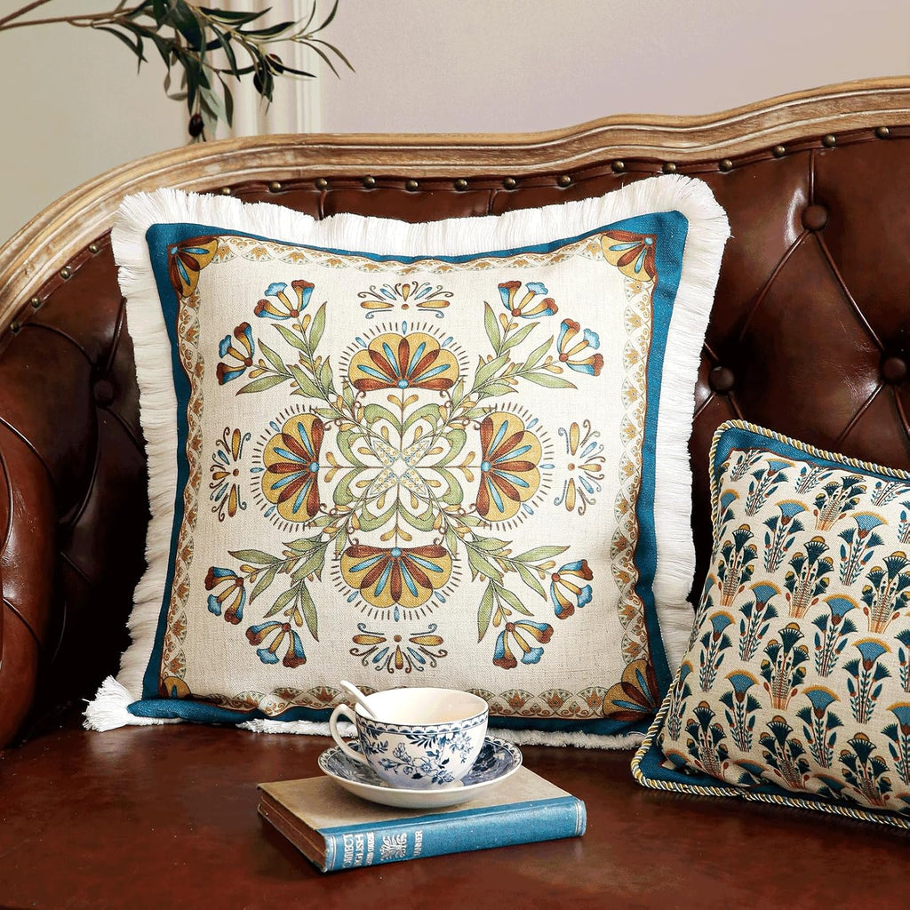 patdrea Designer Square Throw Pillow Covers,French Vintage Blue Farmhouse Linen Floral Pattern Pillow Cover,Decorative Pillowcases Cushion for Bed Living Room Outdoor Car,18"x18"