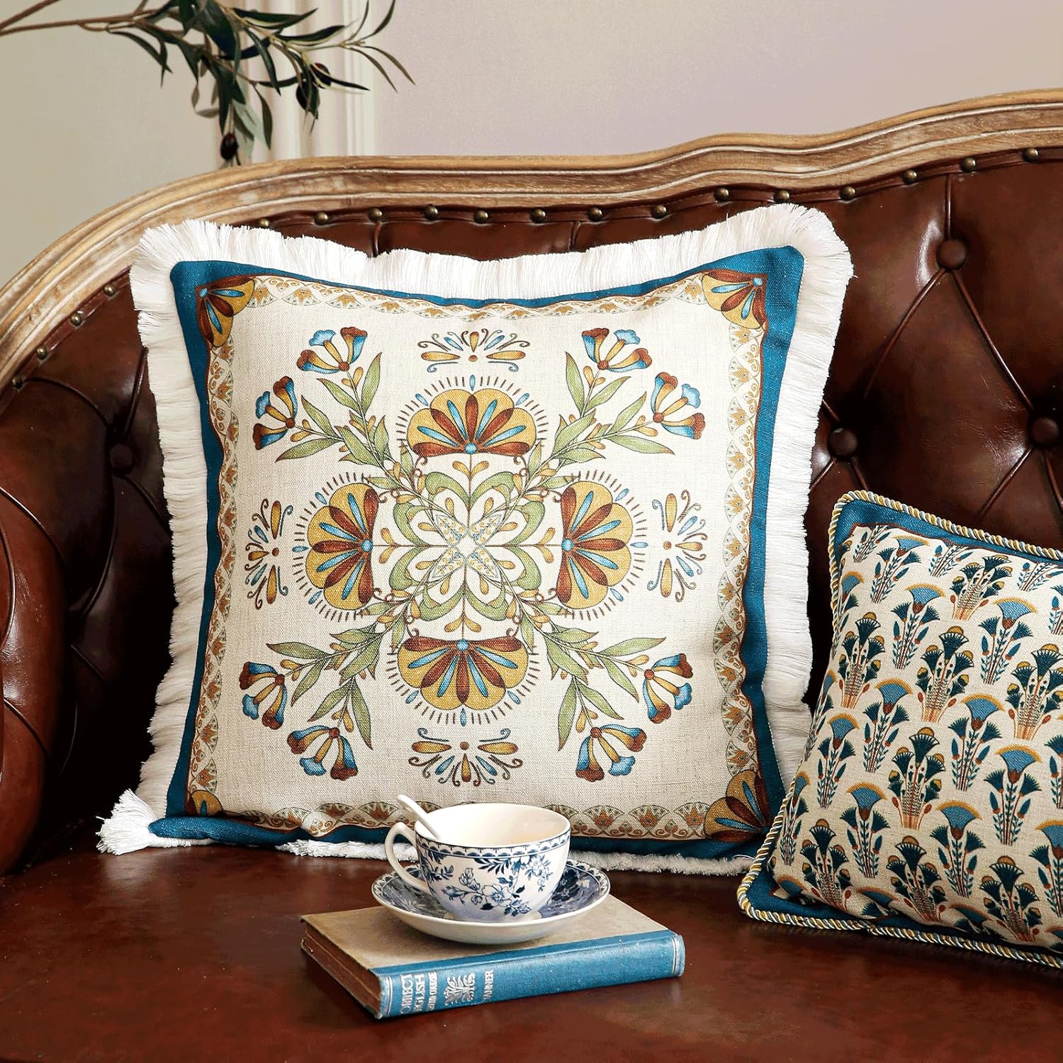 patdrea Designer Square Throw Pillow Covers,French Vintage Blue Farmhouse Linen Floral Pattern Pillow Cover,Decorative Pillowcases Cushion for Bed Living Room Outdoor Car,18"x18"