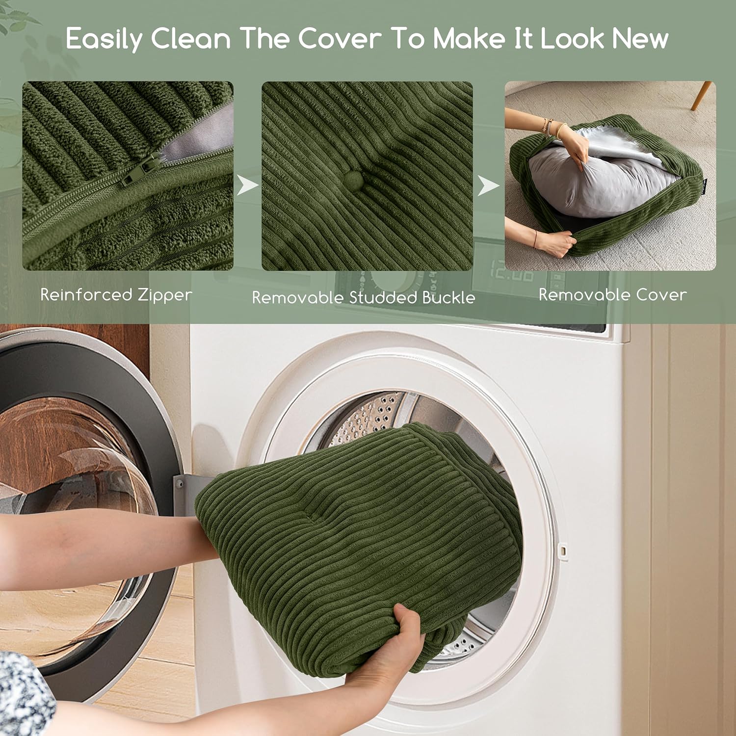 8" Washable Floor Pillow Cushion for Adults, Meditation Cushion Pillow, Large Square Floor Sitting, Removable Tufted Corduroy Cover, for Tatami Living Room or Yoga, 22x22 Inch, Machine Washable